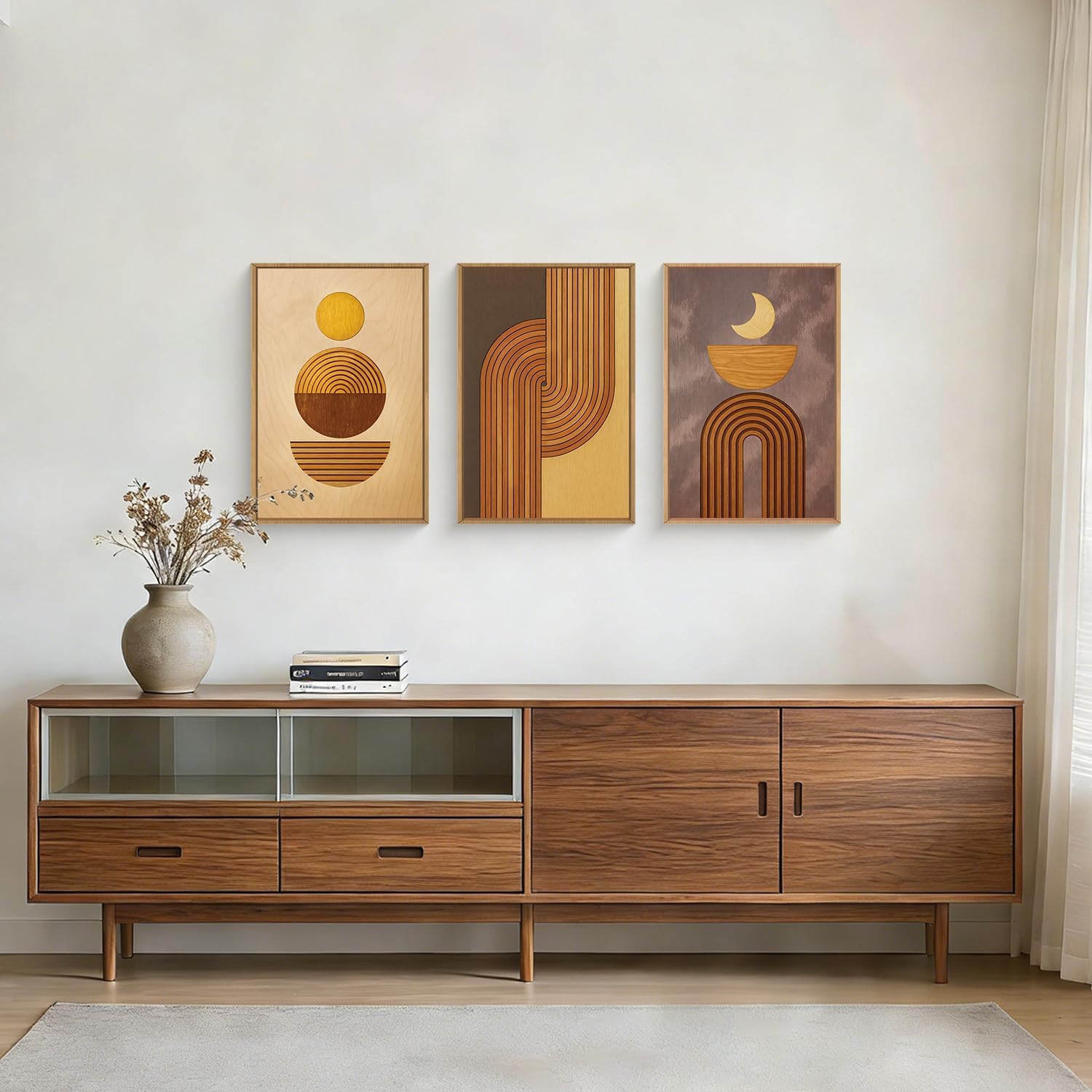 BICERE Large Boho Woodcut Framed Canvas Wall Art,Mid Century Modern Wall Decor,Abstract Geometric Brown Art Prints,Bohemian Sun and Moon Artwork for Living Room,Bedroom,Office -24"x36"x3