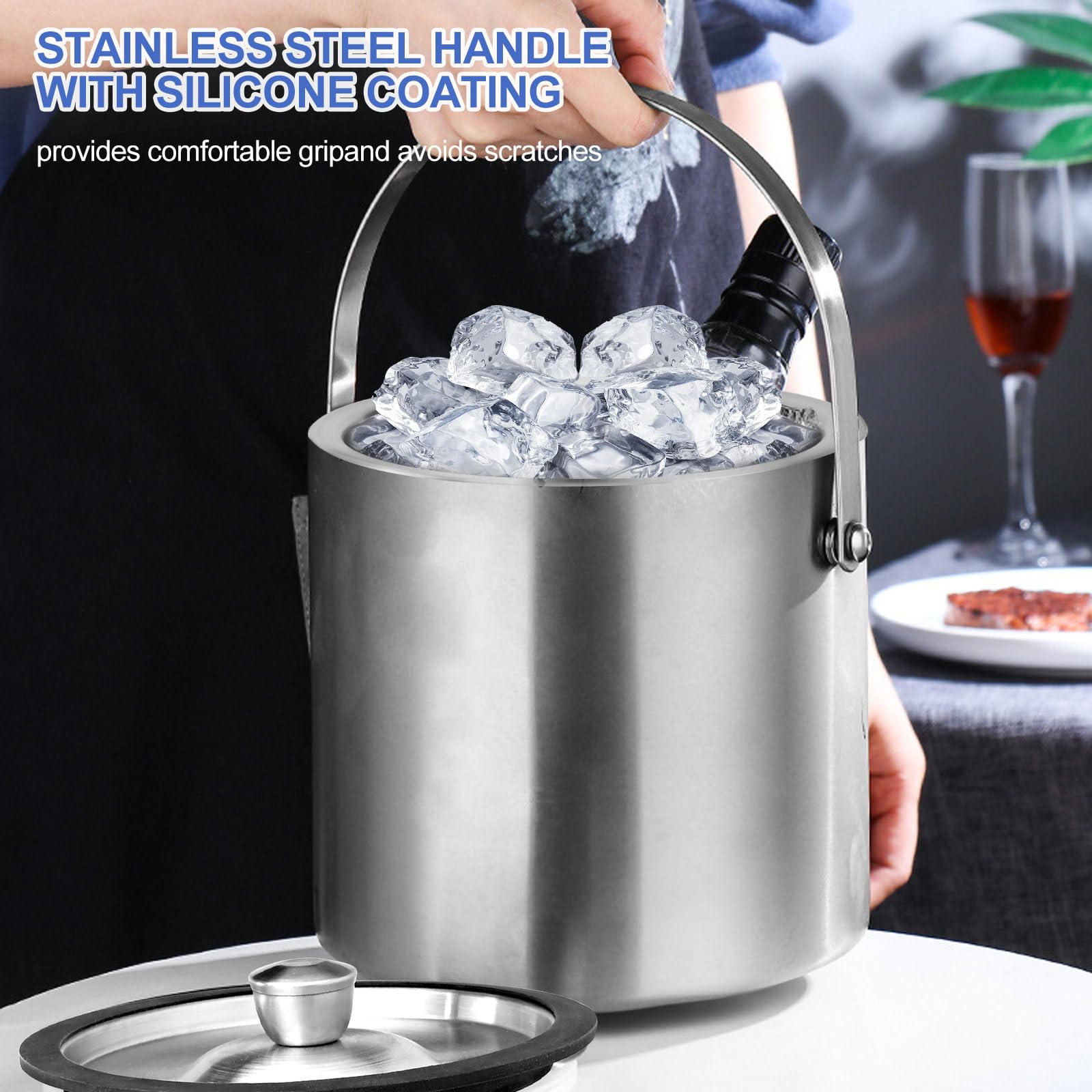 2L Eiswürfelbehälter Aus Edelstahl - Mit Sieb Und Clips Für Partys