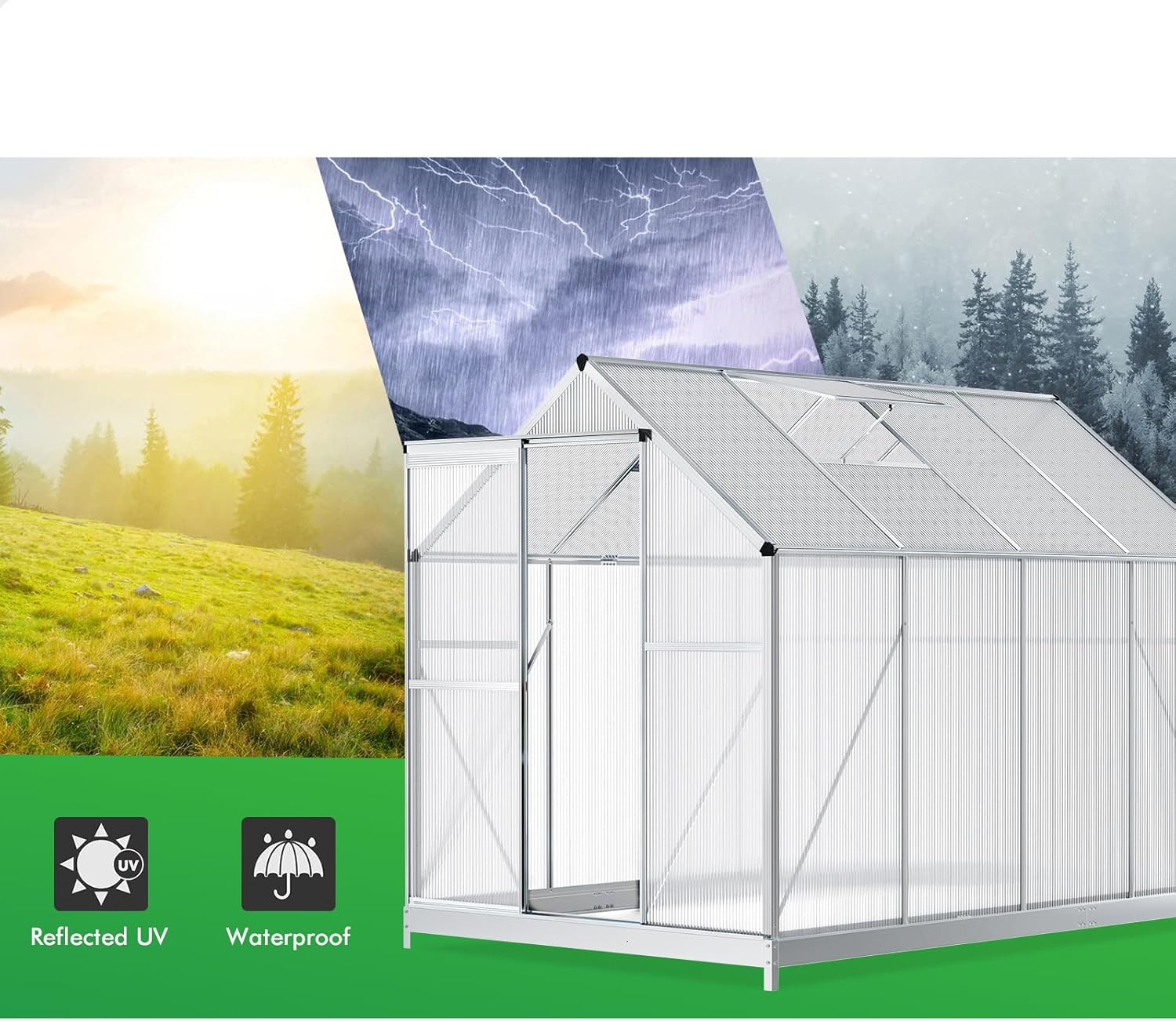 Walk-in Tunnel Greenhouse with PC Panels & Steel Base, Aluminum Frames Green House Shed with Sliding Door and Vent, Grow Tent 2.5x1.9x1.8M