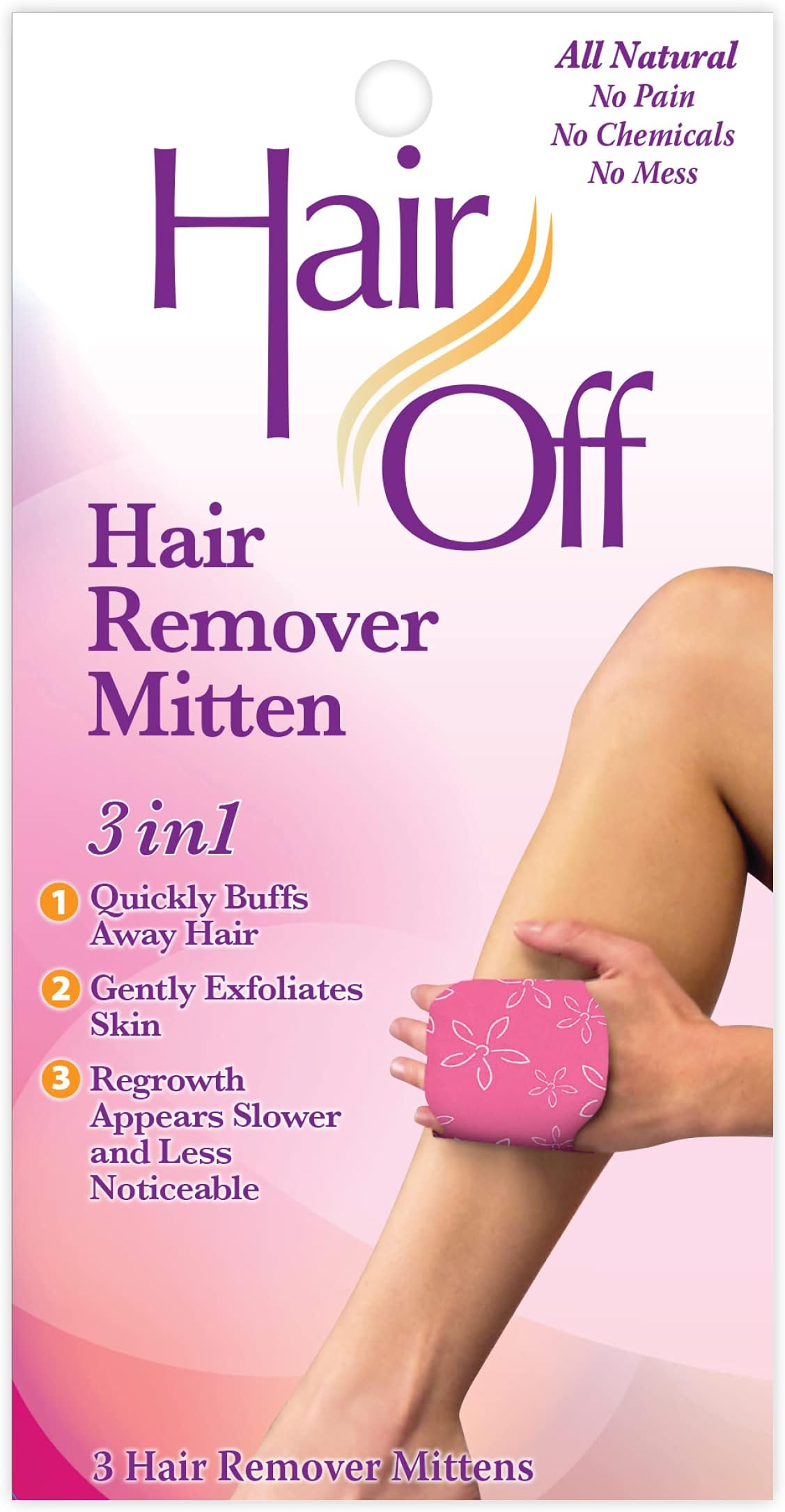 Hair Remover Mitten - All-Natural, Painless & Chemical Free - Full Body Hair Removal - Slows & Lessens Regrowth - Exfoliates Skin (3 Mittens Per Box)