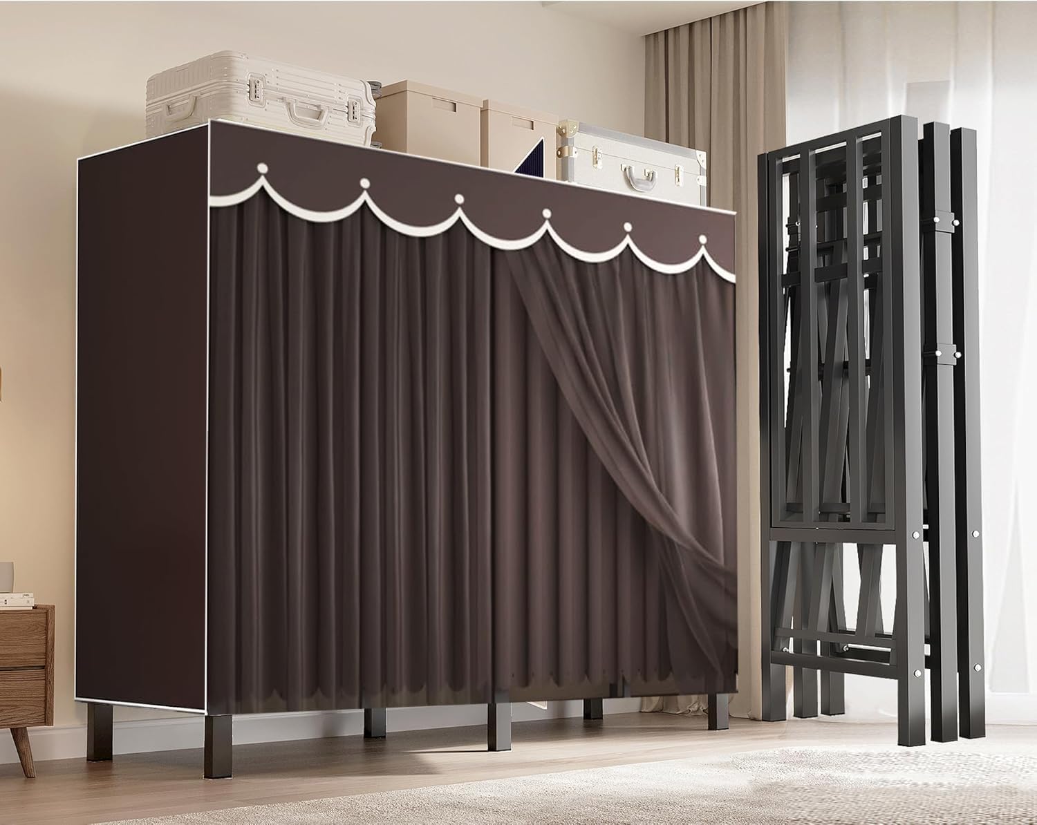 Heavy Duty Portable Closet with Cover Foldable Covered Clothes Rack for Hanging Clothes Armoire Wardrobe Closet System Freestanding Coat Storage Garment Racks (150cm/59in(Coffee))