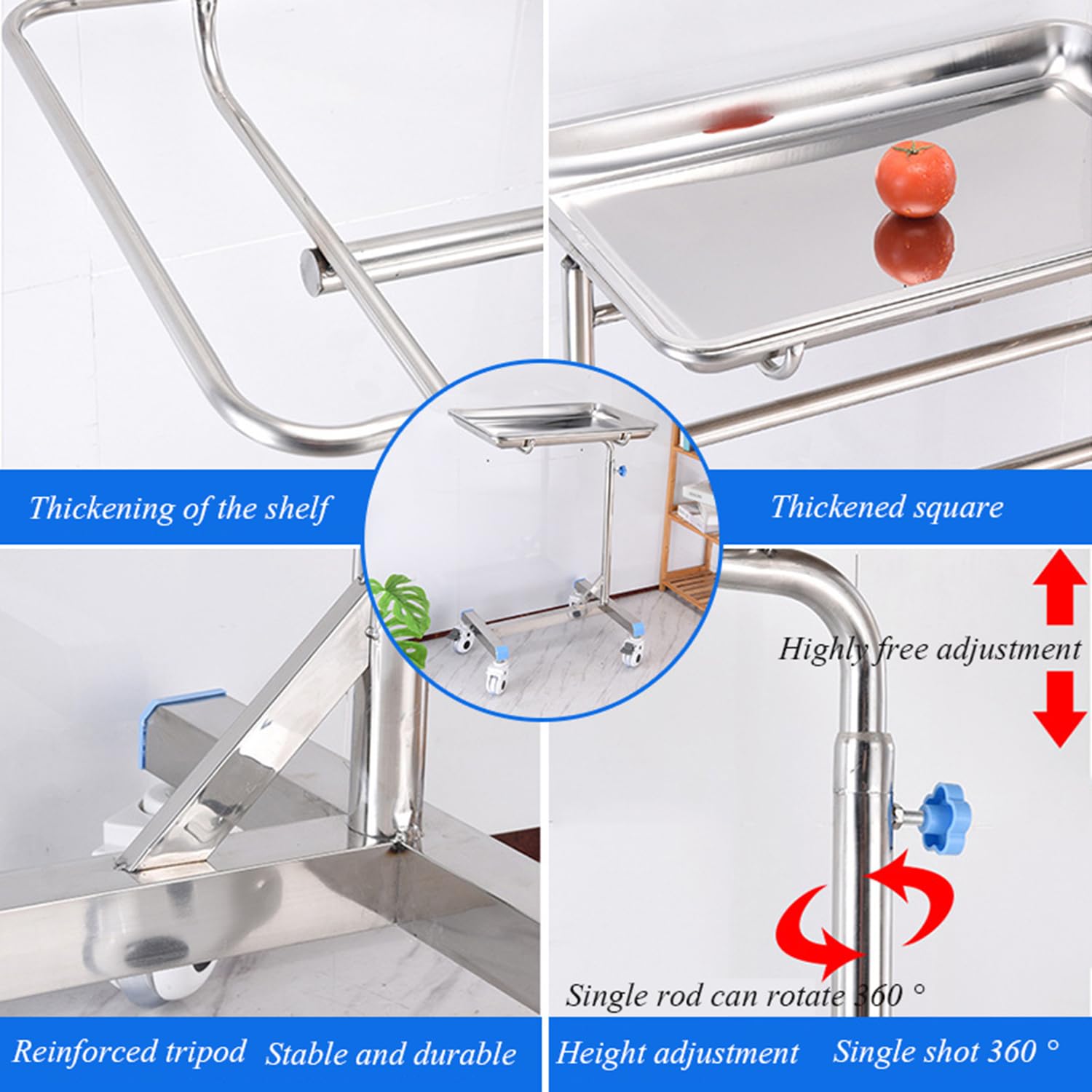 Carrito de Laboratorio con Soporte Bandeja Ajustable Altura del 135-84 cm Carro de Servicio de Acero Inoxidable Movimiento Silencioso para Salón Tatuajes Belleza