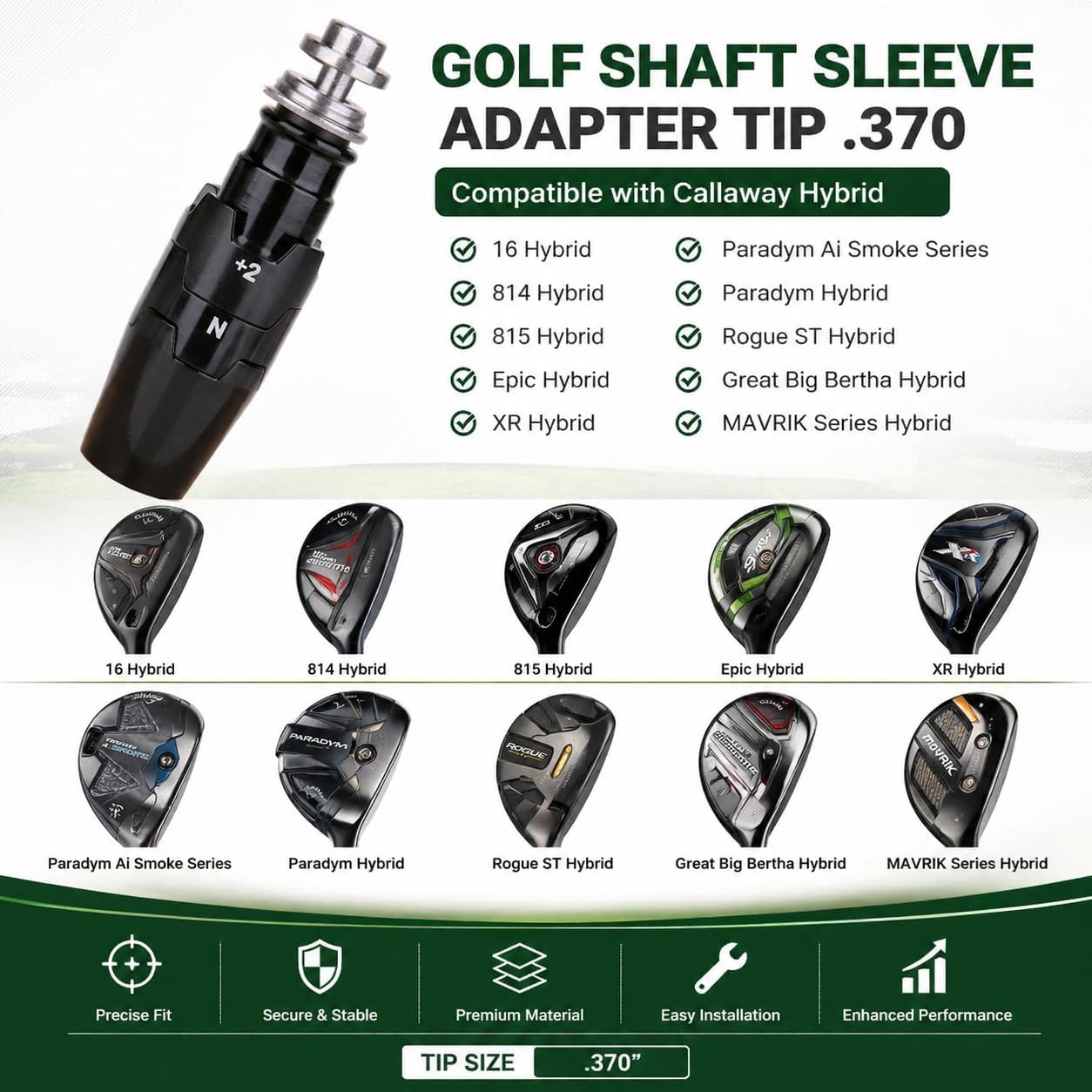 Golf Shaft Sleeve Adapter Tip .370 Compatible with Callaway Hybrid 16/814/815 Epic XR Hybrid, Paradym Ai Smoke Series, Paradym, Epic, Rogue ST, Great Big Bertha, MAVRIK Series Hybrid