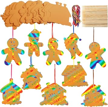 Motipuns 80 Sets 8 Styles Christmas Gingerbread Man Scratch Cards Gingerbread Crafts Kits DIY Christmas Scratch Paper Arts Magic Rainbow Color Craft Kit for Xmas Party DIY Crafts Painting Supplies