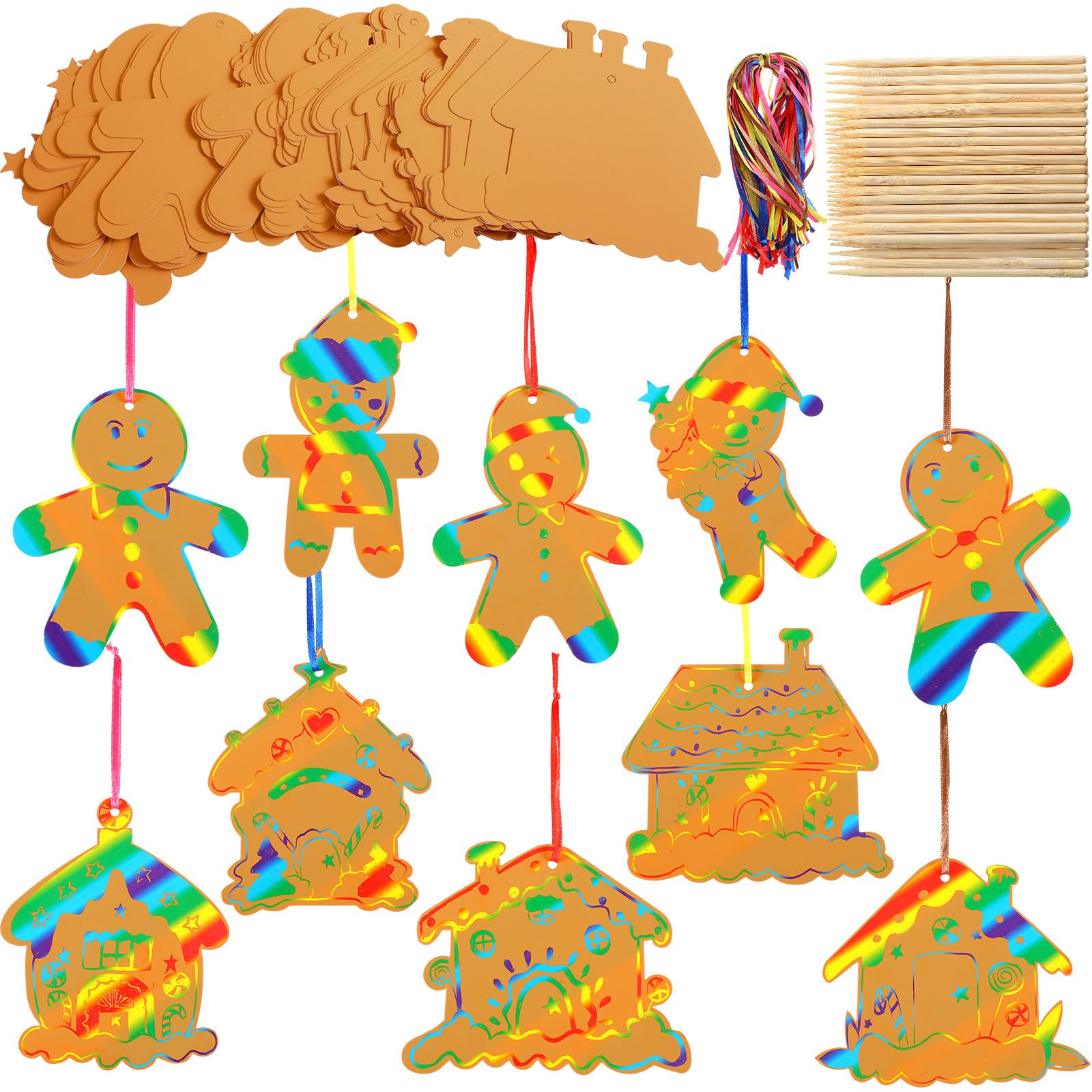 80 Sets 8 Styles Magic Color Christmas Gingerbread Man Crafts Kits Scratch Off Christmas Ornaments Scratch Ornaments Rainbow Gingerbread House Crafts for Activities Winter Season Party