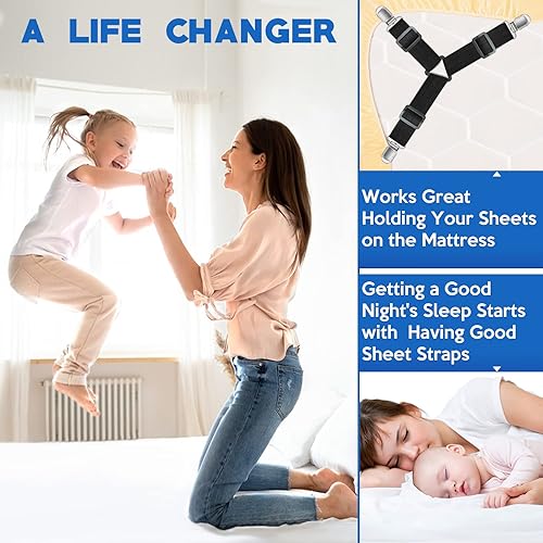 Miniatura 2 de Kelofty 4 clips para sábanas bajeras, 2 juegos de correas de soporte para sábanas con 3 clips antideslizantes, clips de colchón mejorados de 3