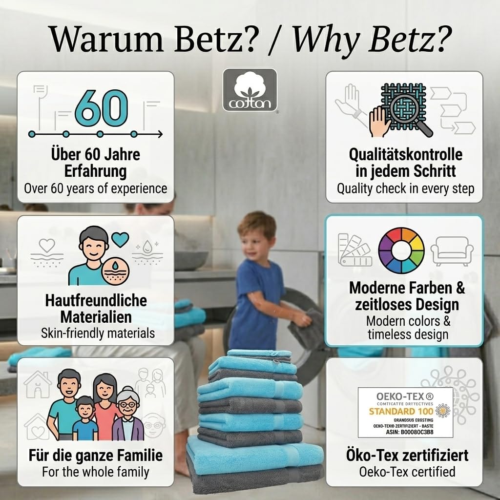 Betz Premium Handtuch-Set 10-teilig 100% Baumwolle Oeko-TEX Zertifiziert 470g/m² Türkis Anthrazit