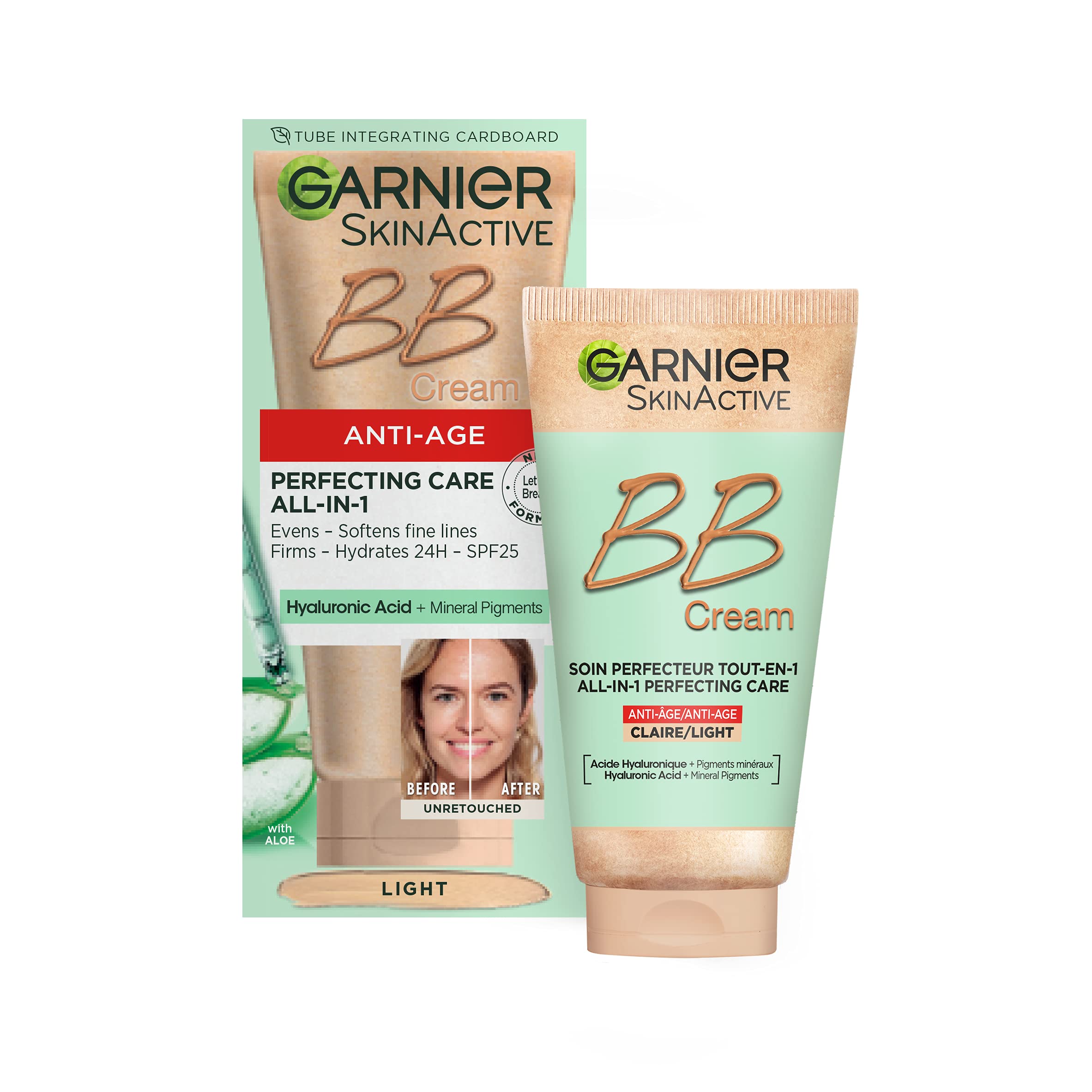 Garnier SkinActive Anti-Age BB Cream, Shade Light, Tinted Moisturiser SPF 15, Softens Fine Lines & Firms Skin, With Hyaluronic Acid, Aloe & Mineral Pigments, 50 ml
