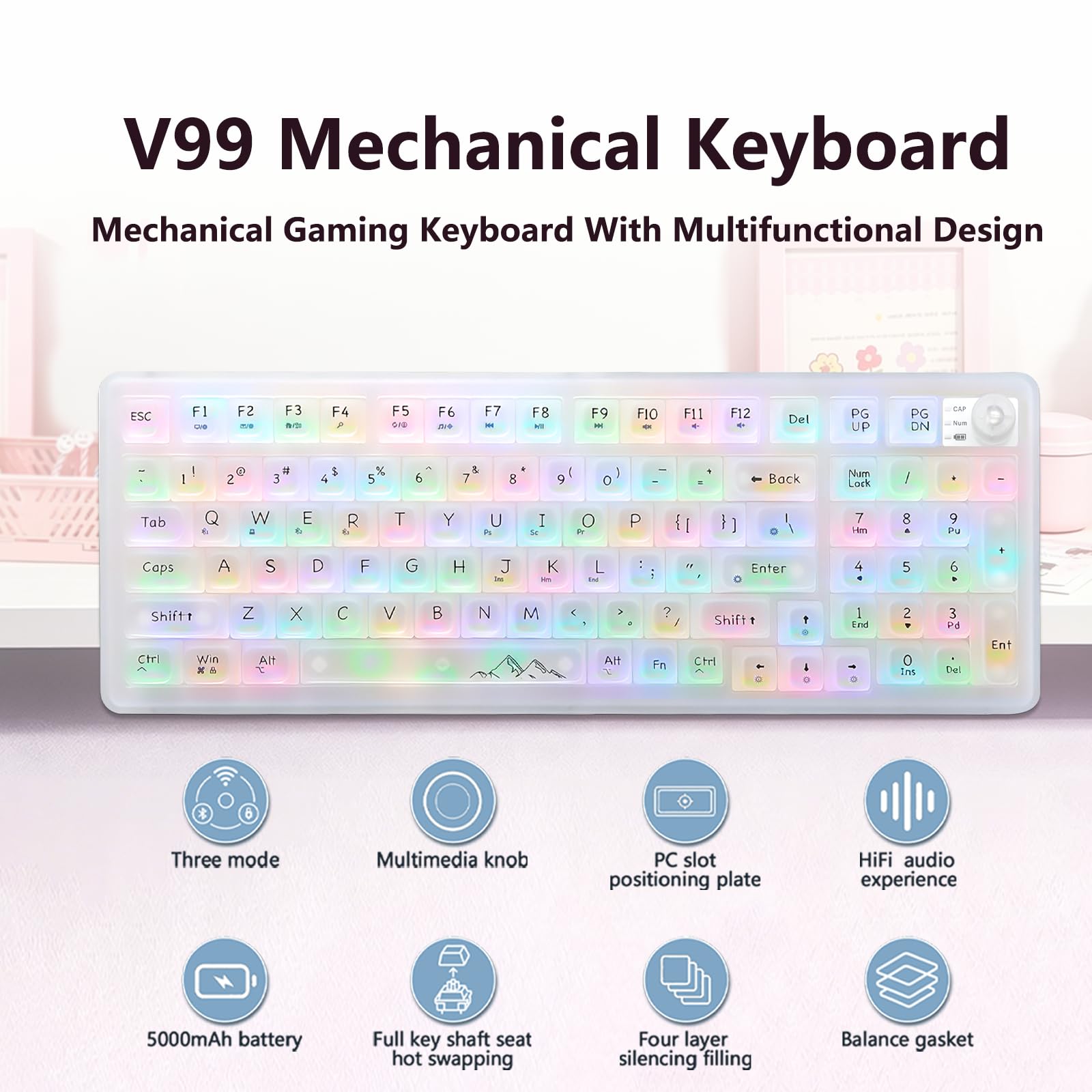 V99 Tastiera meccanica trasparente con tasti trasparenti, BT /2.4G/USB-C Wired Tri-mode con manopola, tastiera da gioco RGB, hot-swap, con driver, guarnizione, interruttore lineare, layout