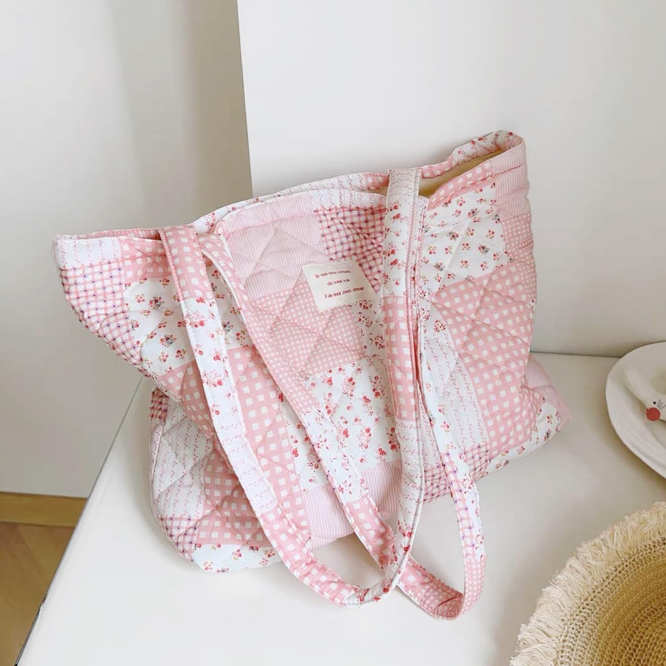 Small Floral Quilted Tote Bag with Zipper Closure for Women Girls