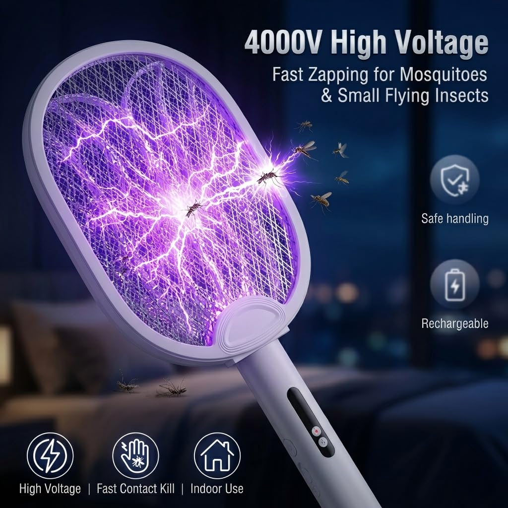 WOCVRYY Składana Elektryczna łapka na Komary 4000 V Urządzenie 3 w 1 ładowane Przez USB (Akumulator 1800 mAh) z Oświetleniem LED Przenośna Rakieta na Komary do Użytku Wewnątrz i na Zewnątrz