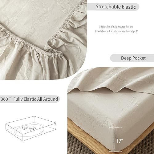 Miniatura 4 de MooMee Sábana bajera ajustable solo 100% algodón lavado con textura parecida al lino, transpirable, duradera, suave, cómoda, bolsillo profundo (lino