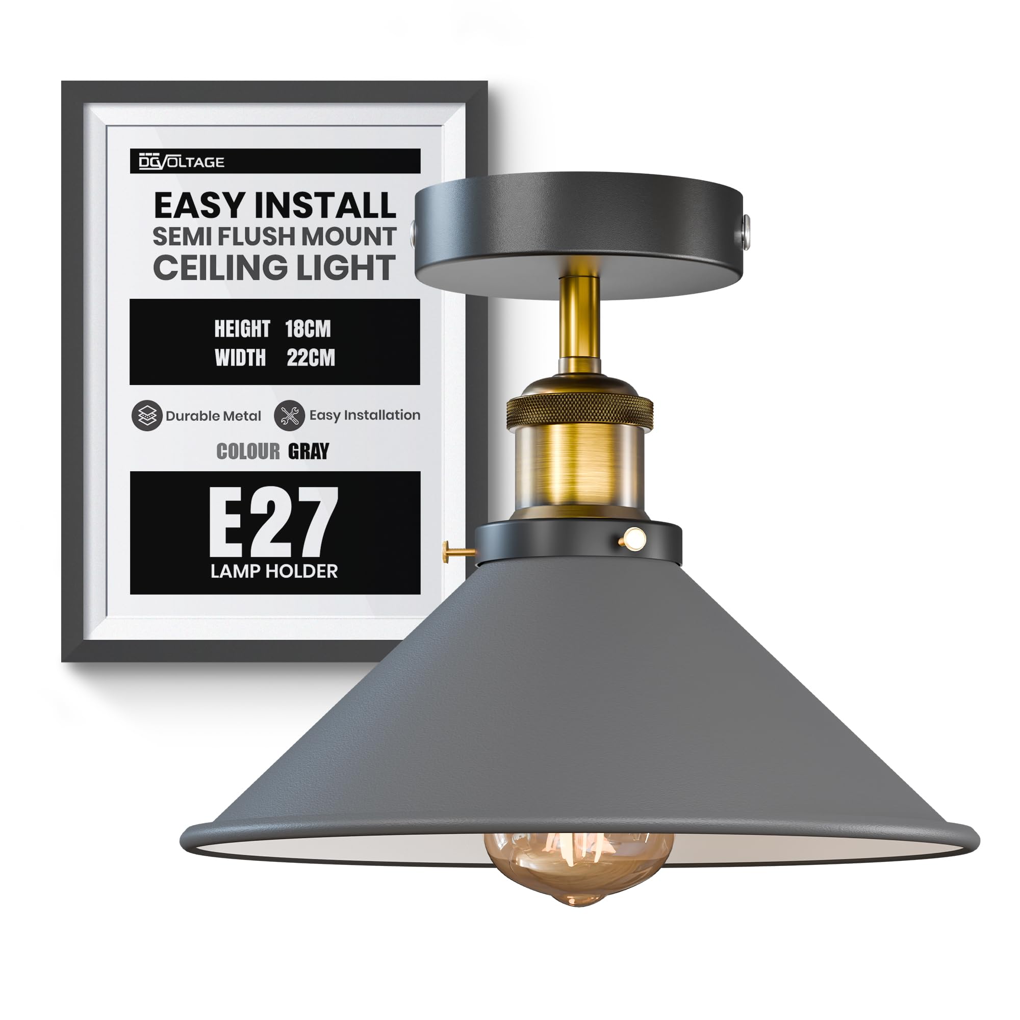 DC VOLTAGE Industrial Flush Mount Kitchen Lighting Metal E27 Base 22cm Grey Cone Lampshade Ceiling Light Fixture for Living Room Dining Room Kitchen with Bulb โ image 1