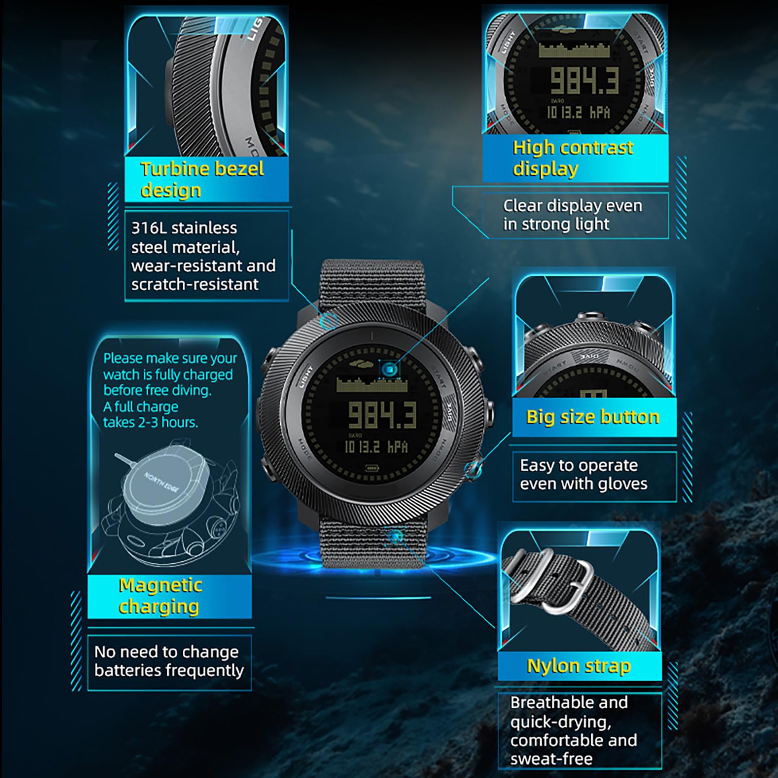 Reloj deportivo para hombre, podómetro, reloj de buceo, reloj de pulsera militar con brújula, barómetro, altímetro, resistente al agua, 10 bar, reloj digital para hombre, reloj de fitness, calorías
