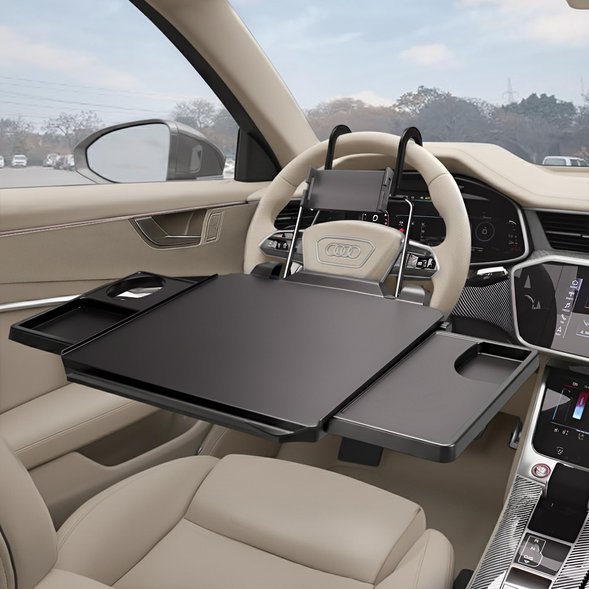 CASASARA 2-in-1 Car Steering Wheel Tray & Back Seat Table with Phone Holder – Height Adjustable Steering Wheel Desk for Car, Laptop & Food Tray,