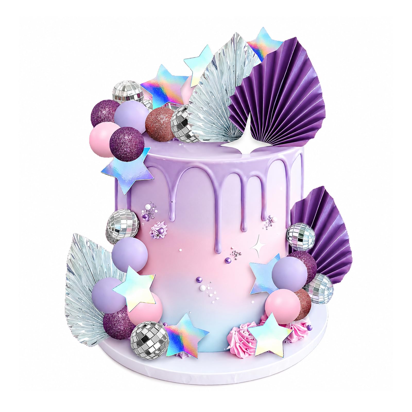 41PCS Disco Purple Ball Cake Topper Palm Leaves Star Music Cake Decorations,Cake Balls Decoration, Cake Balloons, Palm Leaves Cupcake Toppers for Wedding Party Anniversary(Purple)