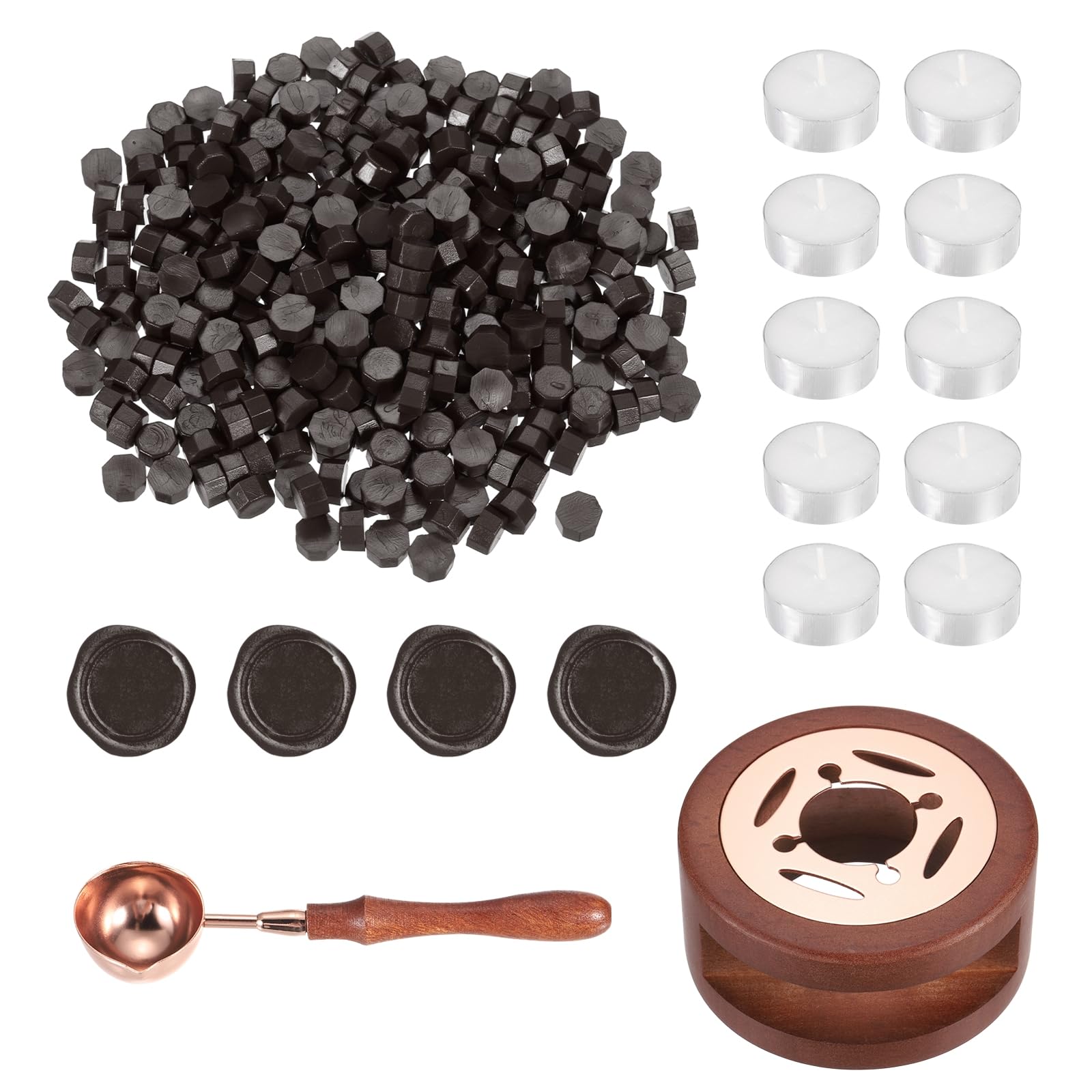 PATIKIL Wax Seal Kit, 300 Pcs Wax Sealing Beads, Wooden Warmer, Melted Spoon, 10 Pcs Tealight Candles for Envelope Letter Mailing Crafts DIY, Coffee