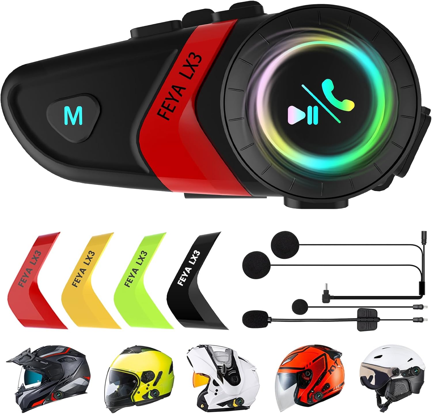 FEYA Motorcycle Helmet Speakers Super Long Battery Life Helmet Headset with Hi-Fi Sound Quality Dual Noise Reduction IPX6 Automatic Answer/Call Music Control/AI Voice/Soft & Hard Mic 1 Pack - Multi