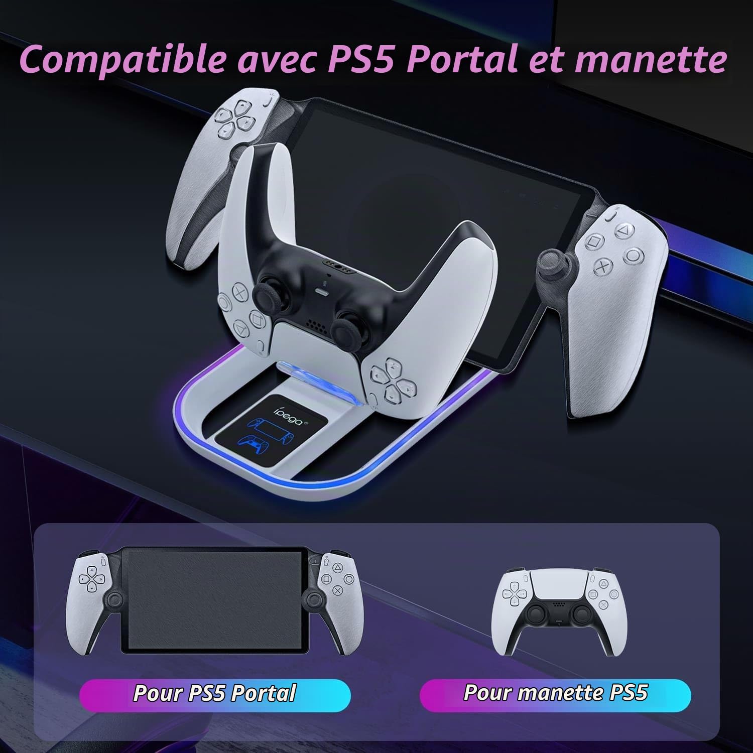 Mcbazel RGB Station de Chargement pour PS Portal Remote Player, Support de Charge Vertical Chargeur Manette, 14 Effets Lumières RGB pour PS Portal Remote Player/PS5 Controller