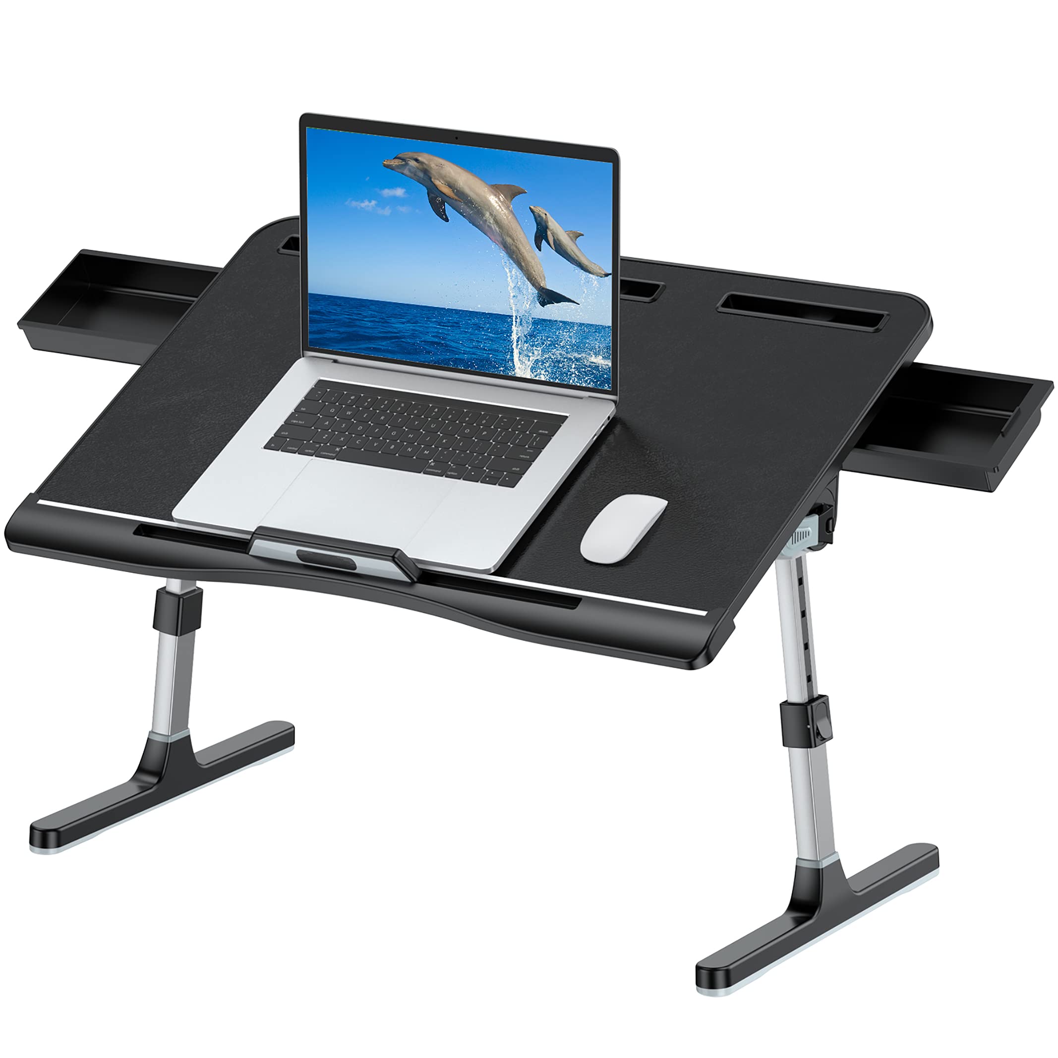 KLEAR Laptop Bed Tray Table [Luxury PVC Leather], Adjustable Laptop Desk for Bed, Foldable Lap Desk for Laptop with 2 Drawers, Multifunctional Table for Working, Eating, Writing, Gaming, Drawing