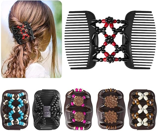 6 Pieces Beads Hair Combs Magic Elastic Hair Double Clips for Women Girls Hair Accessory DIY Hair Styling Tool