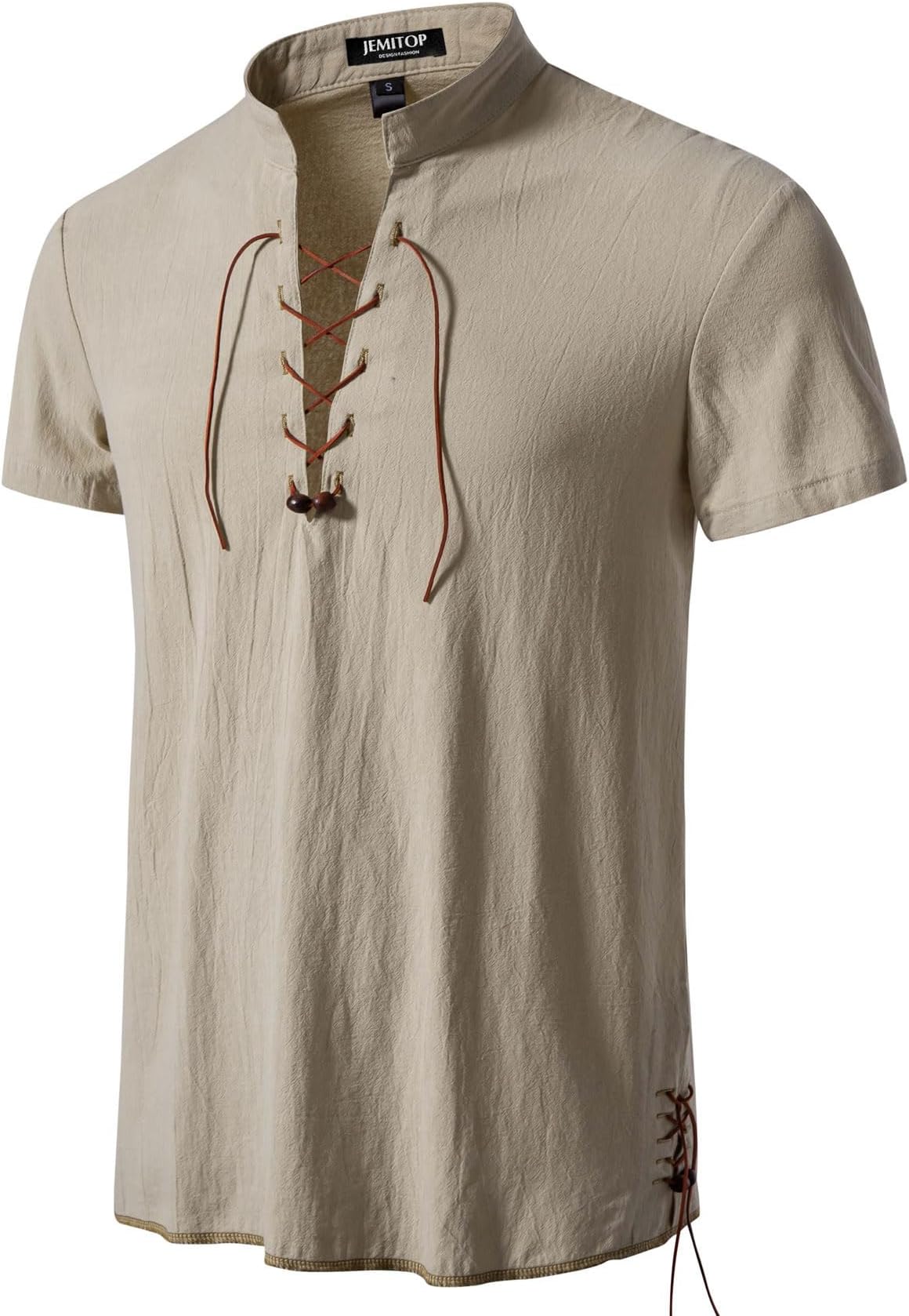 Men's Pure Cotton Vintage Short Sleeve Lace Up Shirts for Renaissance Pirate Viking Medieval Costume