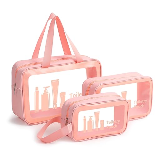 Xelvix Pvc Travel Makeup Pouch Set Toiletries Bag Cosmetic Organizer Bag for Women and Girls Toiletry Storage Kit Set of 3 - Pink