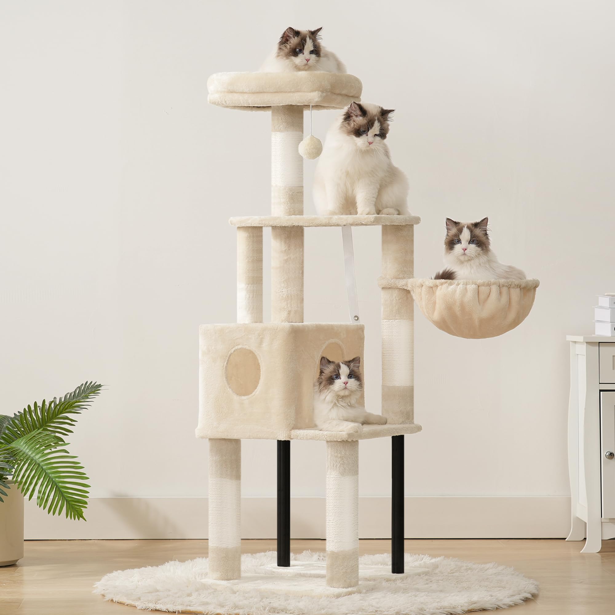 Heybly Kratzbaum, 125 cm Kleiner Katzenbaum, Geräumiges und Bequemes Kratzbaum mit Höhle, Oben Sitzstange, Sprungplattform, Kratzsäule, Korb, Stabile Metallrohre, Beige HCT200SM