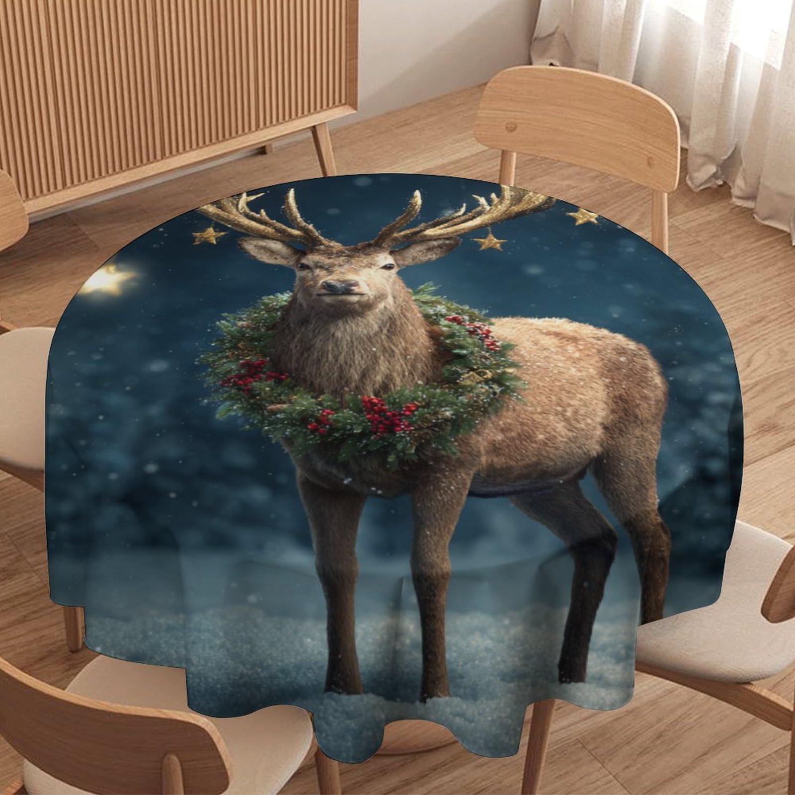 LUYYSKY Rustic Abstract Animal Deer Waterproof Round Tablecloth Retro Watercolor Merry Christmas Winter Snowy Scenery Wildlife Elk Washable Table Cover for Kitchen-127 Wx127 L cm