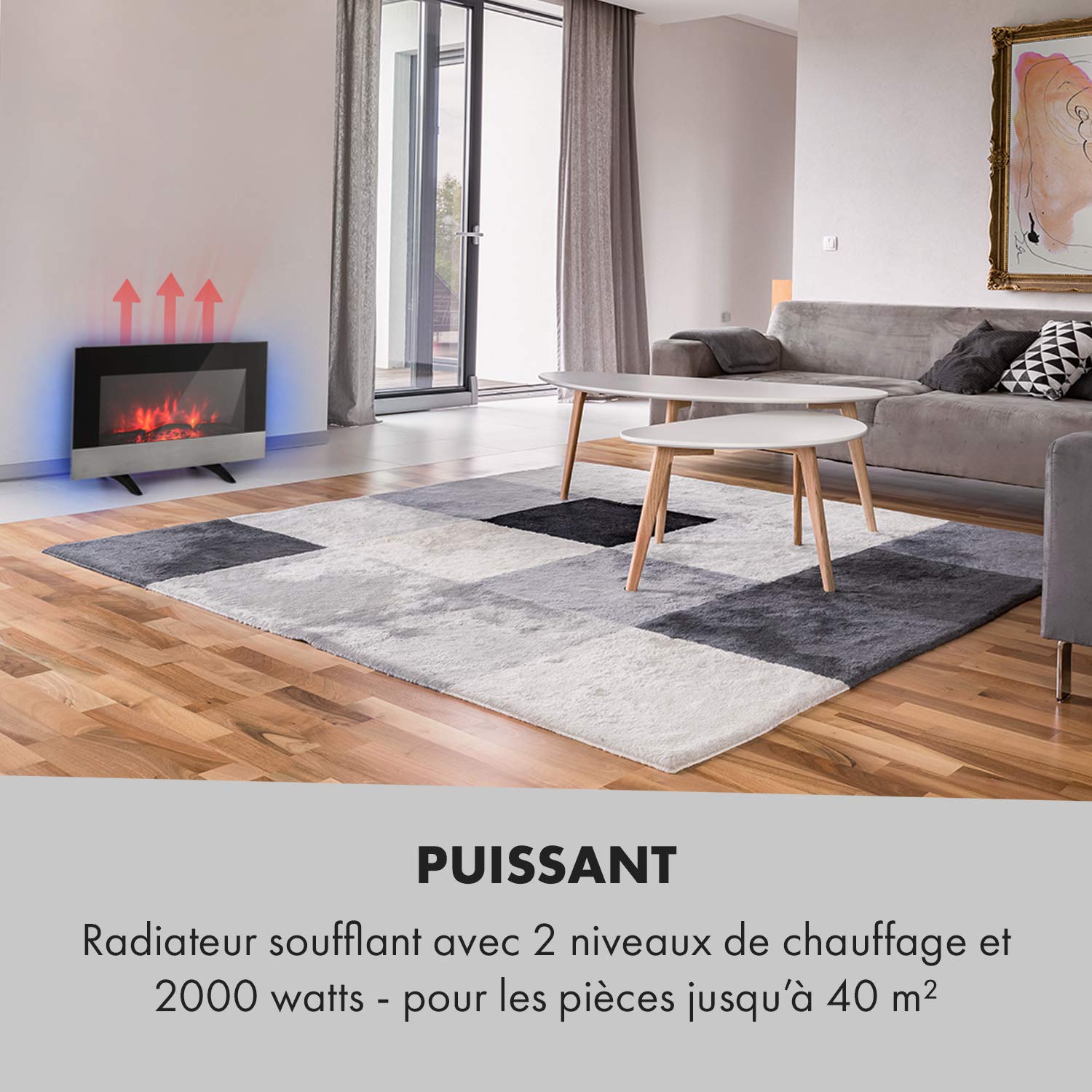 KLARSTEIN Basel Baseline - cheminée électrique soufflante, 2000 W, 2 Vitesses, Simulation de Flamme LED en 7 Couleurs, rétro-éclairage LED, Thermostat, minuterie hebdomadaire, Affichage LED - Noir