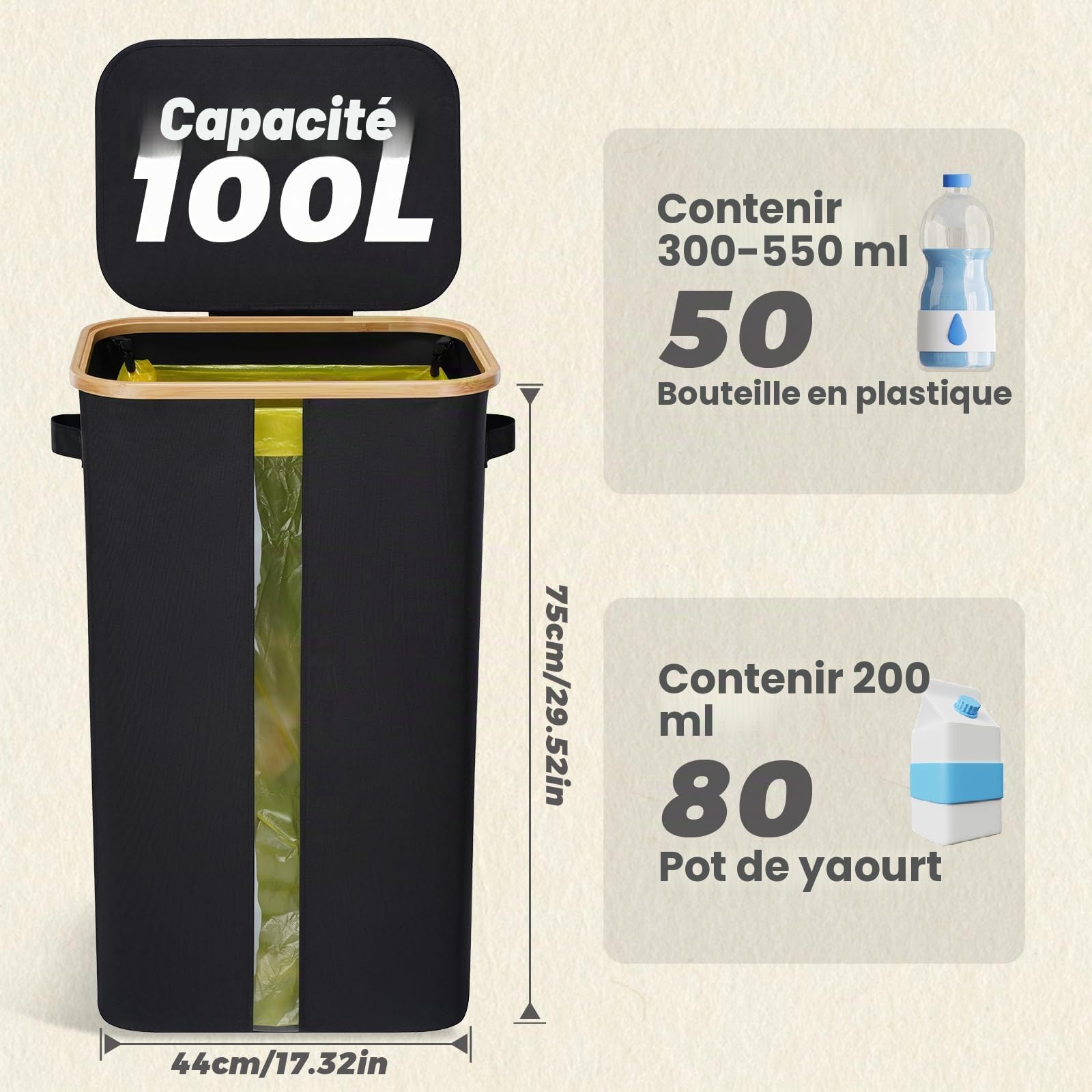 Support pour Sac Poubelle 100 l avec Fenêtre Transparente et Couvercle - Grand Format - Noir