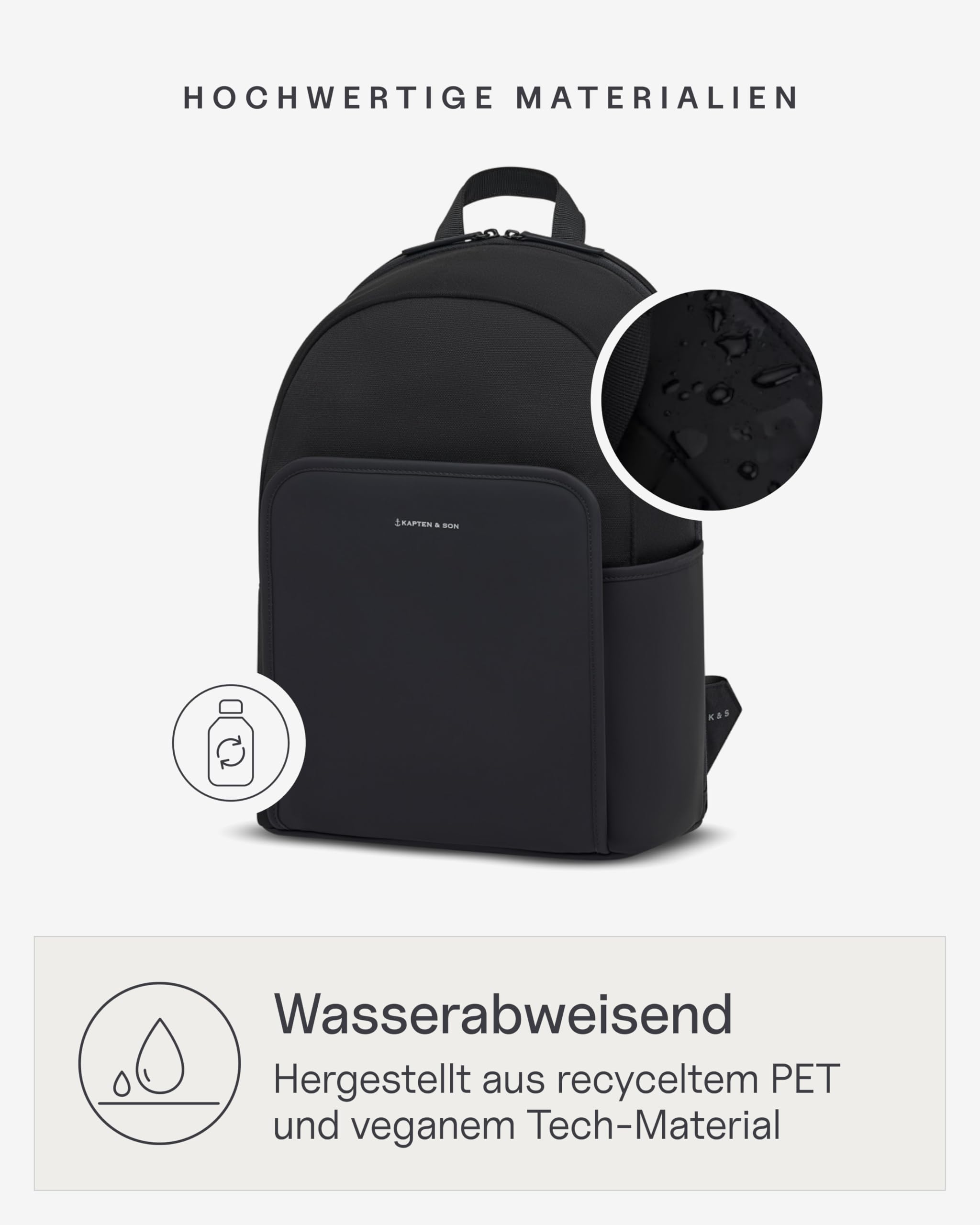 Kapten & Son Rucksack Aalborg NEW All Black 18 L | Rucksack Damen & Herren Schwarz | Handgepäck Rucksack mit 16'' Laptopfach | Backpack ideal für Uni, Arbeit, Reisen