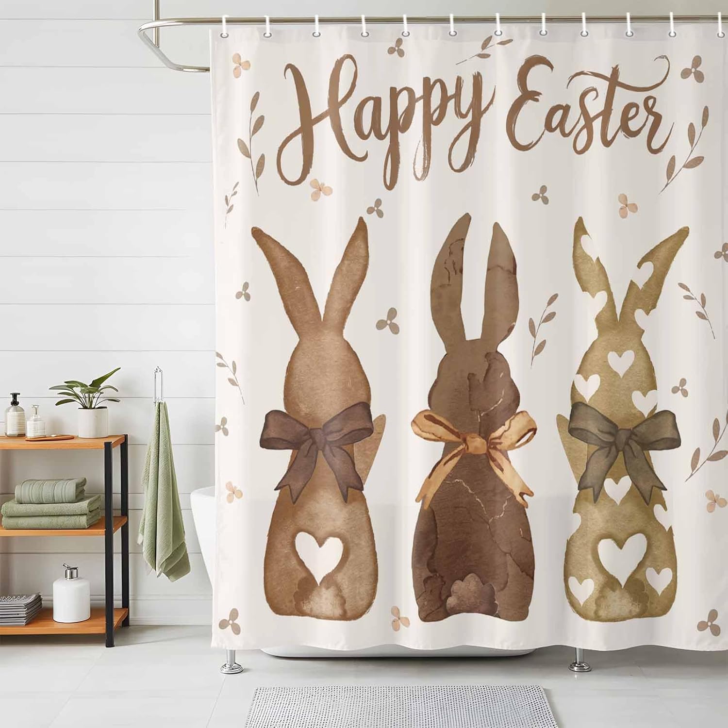 LooPoP Happy Easter Shower Curtain Bunny Bathroom Curtains with Hooks, Waterproof Fabric Flower Carrot Rabbit Shower Curtains Set for Bathroom Bathtubs Seasonal Spring Holiday Decor Gift 72x72 Inch