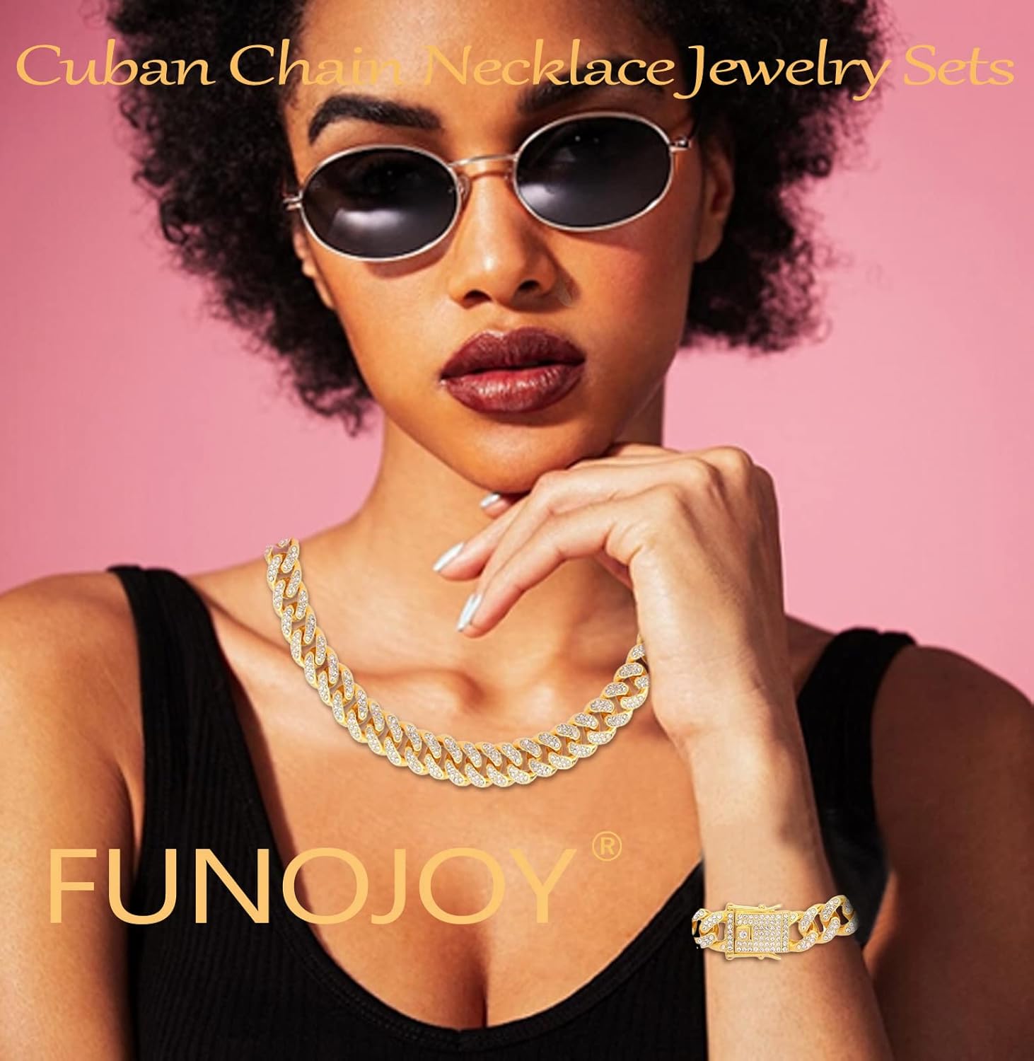 Cuban Link Chain Jewelry Sets for Women Rhinestone Hoop Earrings Necklace Bracelet Set Bling Rhinestone Hip Hop Jewelry for Women Girls - Image 2
