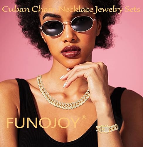 Miniatura 2 de FUNOJOY Juego de joyas de cadena de eslabones cubanos para mujer, aretes de aro de diamantes de imitación, collar y pulsera, joyería de hip hop