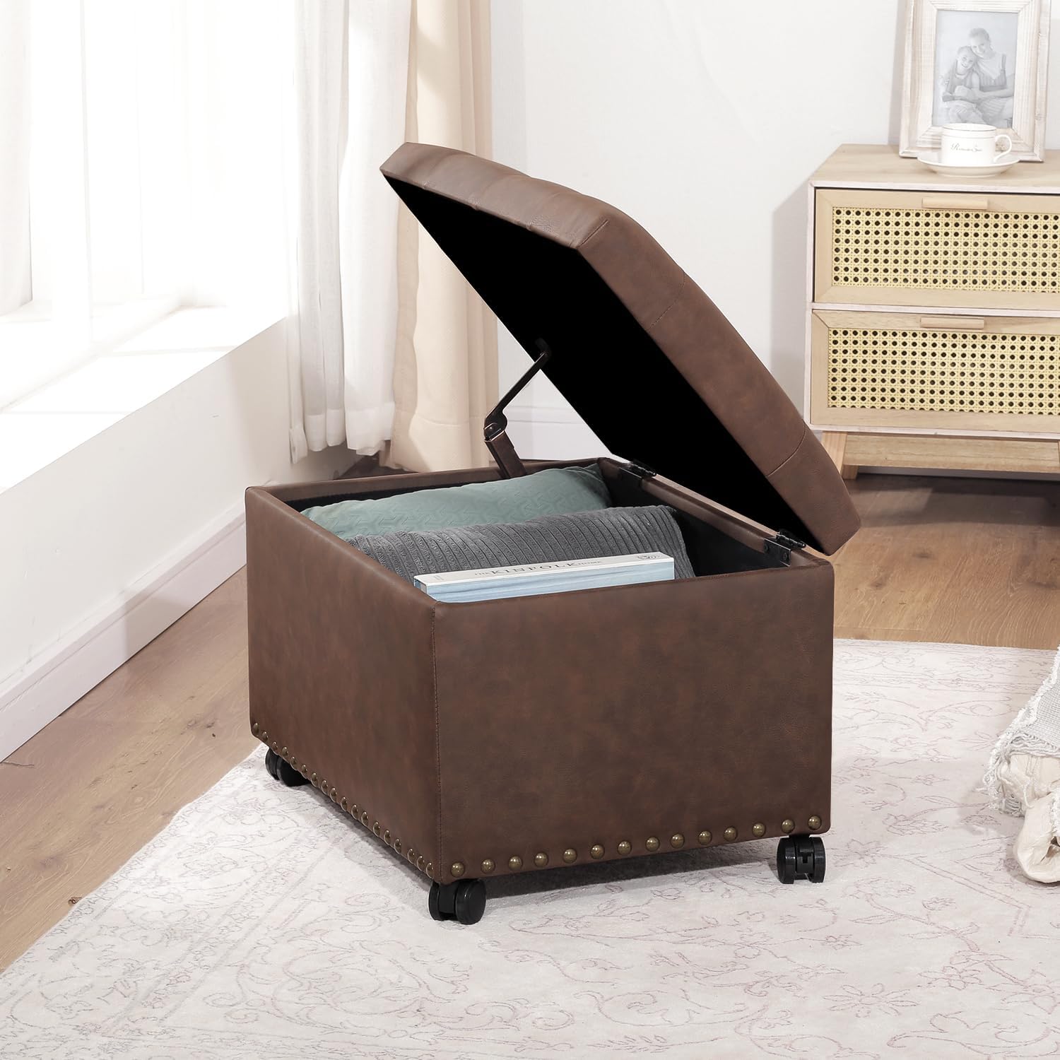Leather Stora Ottoman ° Caster Wheels Foot Rest Bench Rec
