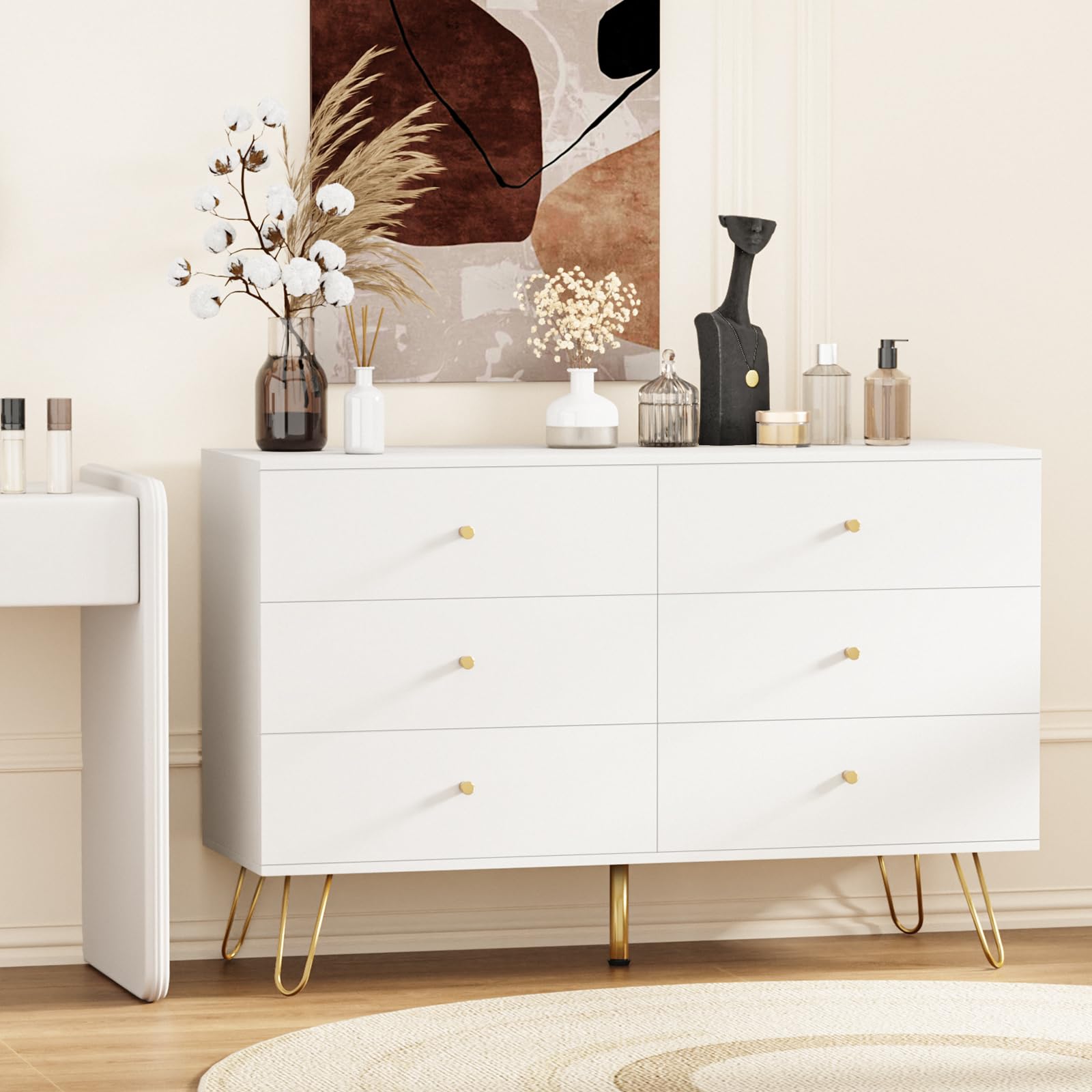 Dresser for Bedroom, 6 Drawer Dresser with Golden Handle, Chest of Drawers Wooden Dressers for Hallway, Living Room, Nursery Room, White