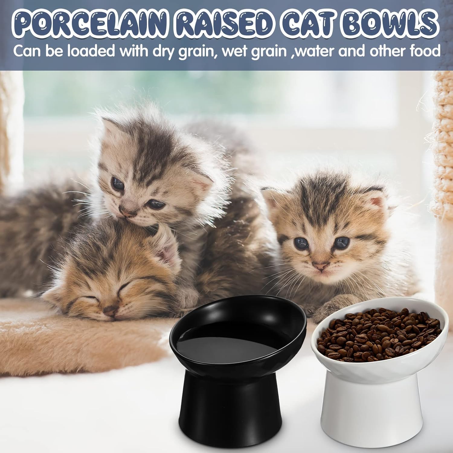 Set di ciotole per animali domestici, in ceramica, doppie ciotole con protezione antiscivolo per il collo e supporto rimovibile in acciaio inox per cani e gatti