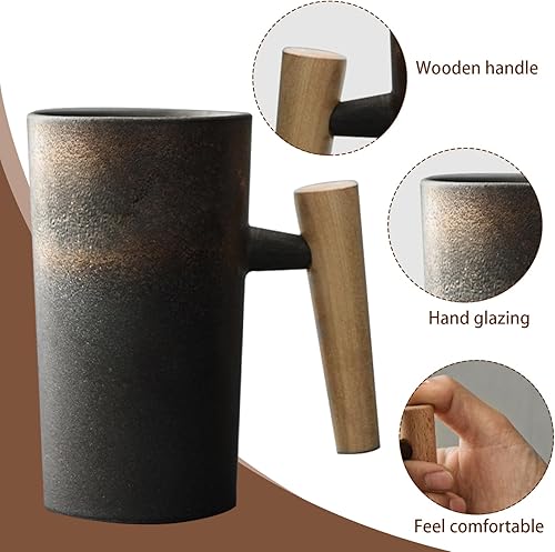 Miniatura 6 de Taza de café con mango de madera, 7.4 fl oz, taza de café de madera, tazas ergonómicas exquisitas de gres vintage, taza de cerámica para oficina en