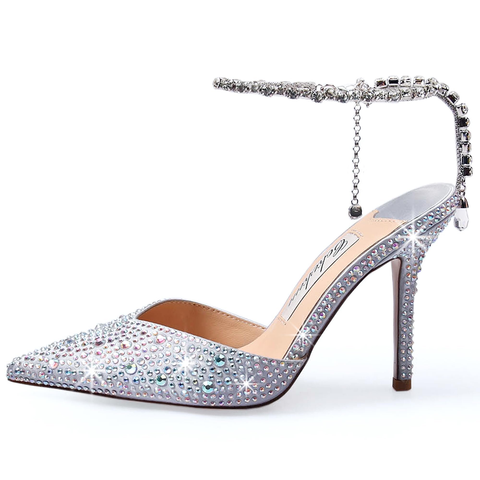 Cokvkuu Women's Heeled Sandals Crystal Chain Ankle Straps Rhinestones Buckle High Heels Stiletto Slip On Wedding Party Satin Dress Shoes 3.9 IN