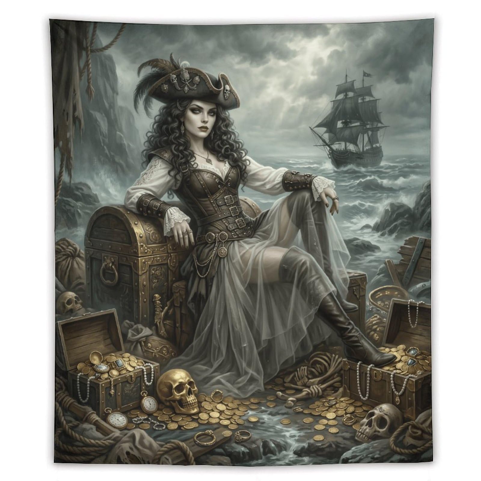 H3B8U2Y5 Pirate Queen Treasure Chest Wall Tapestry, Dorm Room