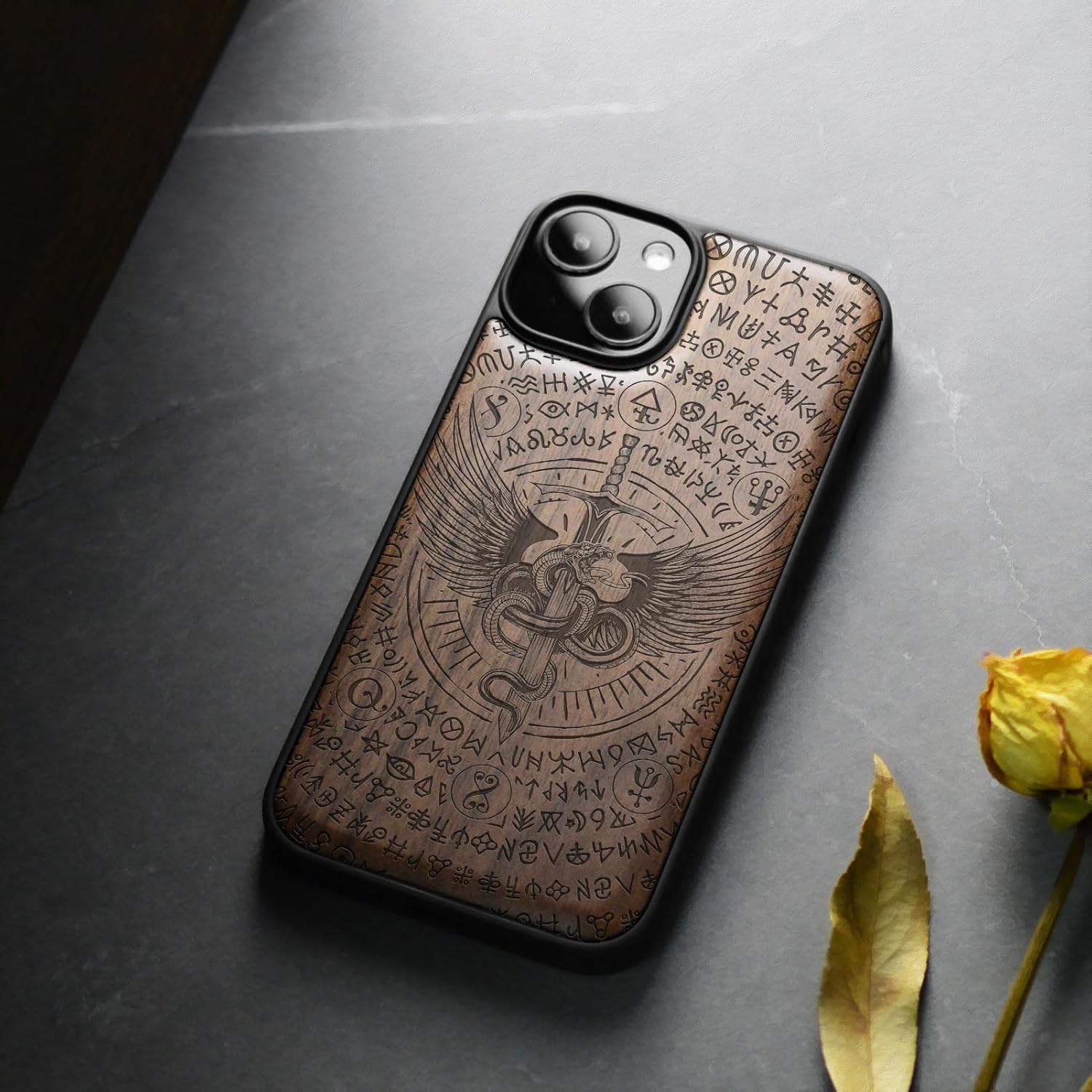 Carveit Magnetic Wood Case for iPhone 13 Mini Case [Hard Real Wood & Soft TPU] Unique & Classy Wooden Shockproof Hybrid Protective Cover Compatible with MagSafe (Winged Serpent Blade -Walnut)