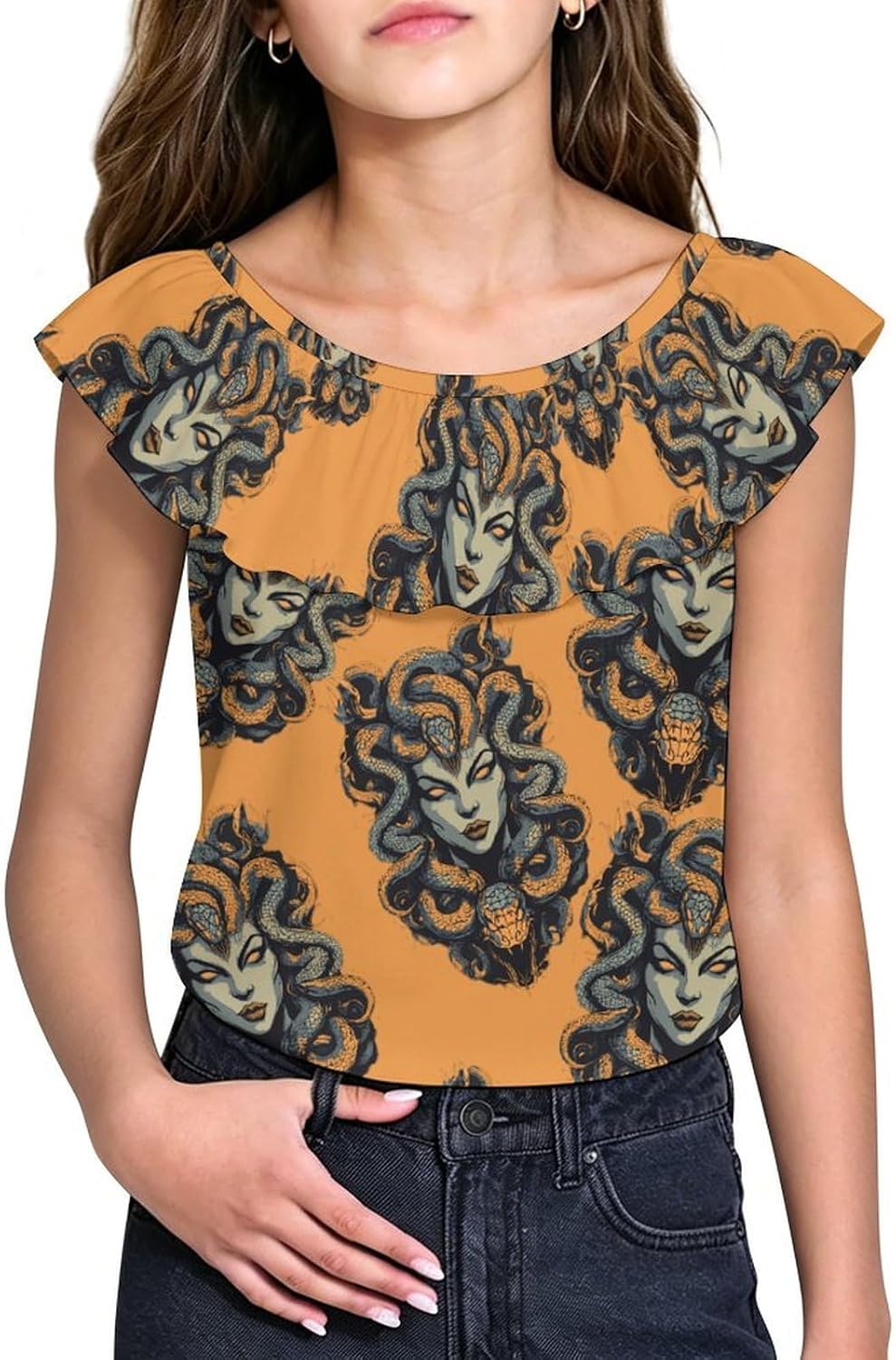 Medusa Head Girls T-Shirts Top Ruffle Short Sleeve Blouse Casual Graphic Tees