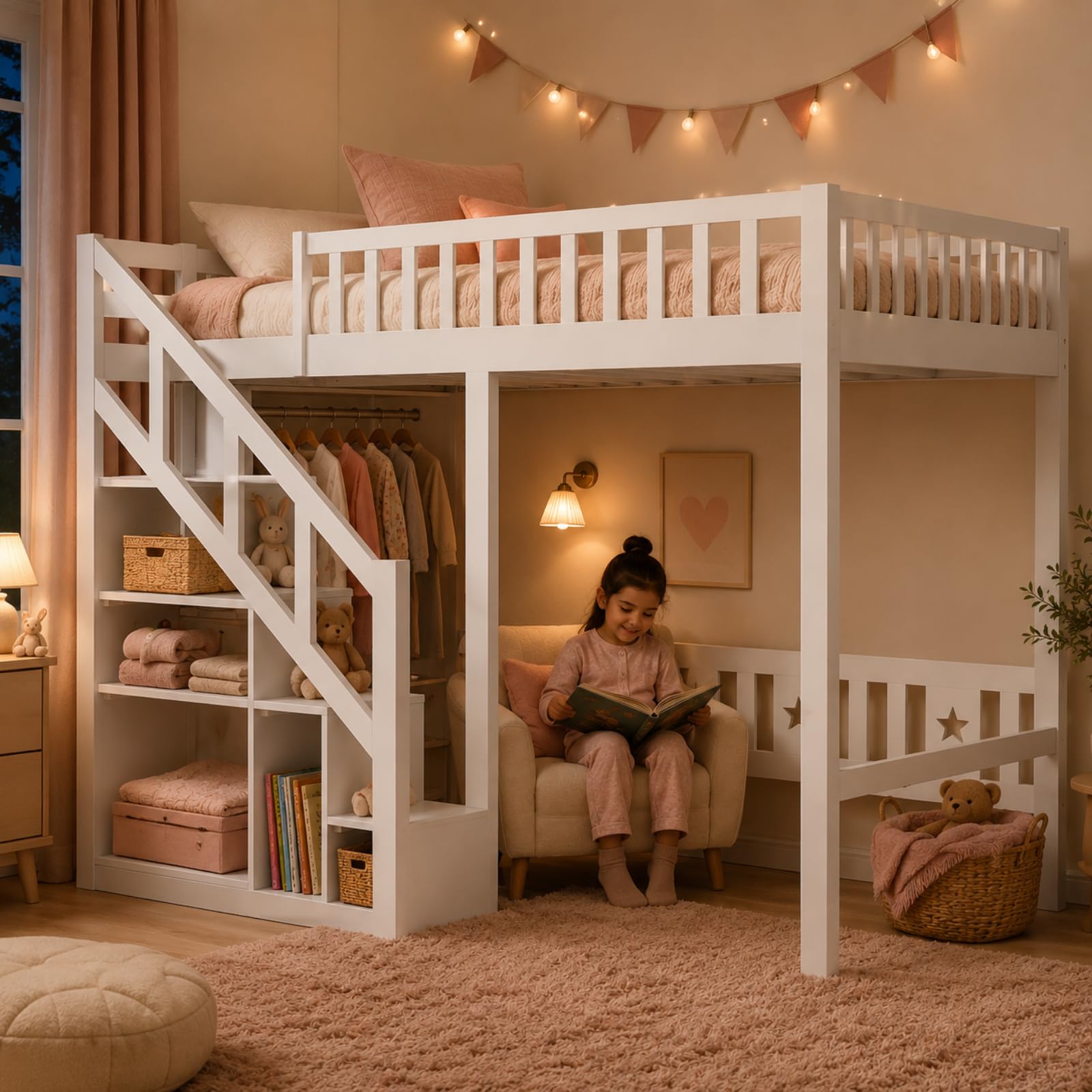 Hochbett 90x200 cm, Etagenbett mit Treppe und Rausfallschutz, Kinderbett mit Aufbewahrungsschrank, Funktionsbett Kinderhochbett Stockbett mit Lattenrost, Spielbett für Jungen Mädchen