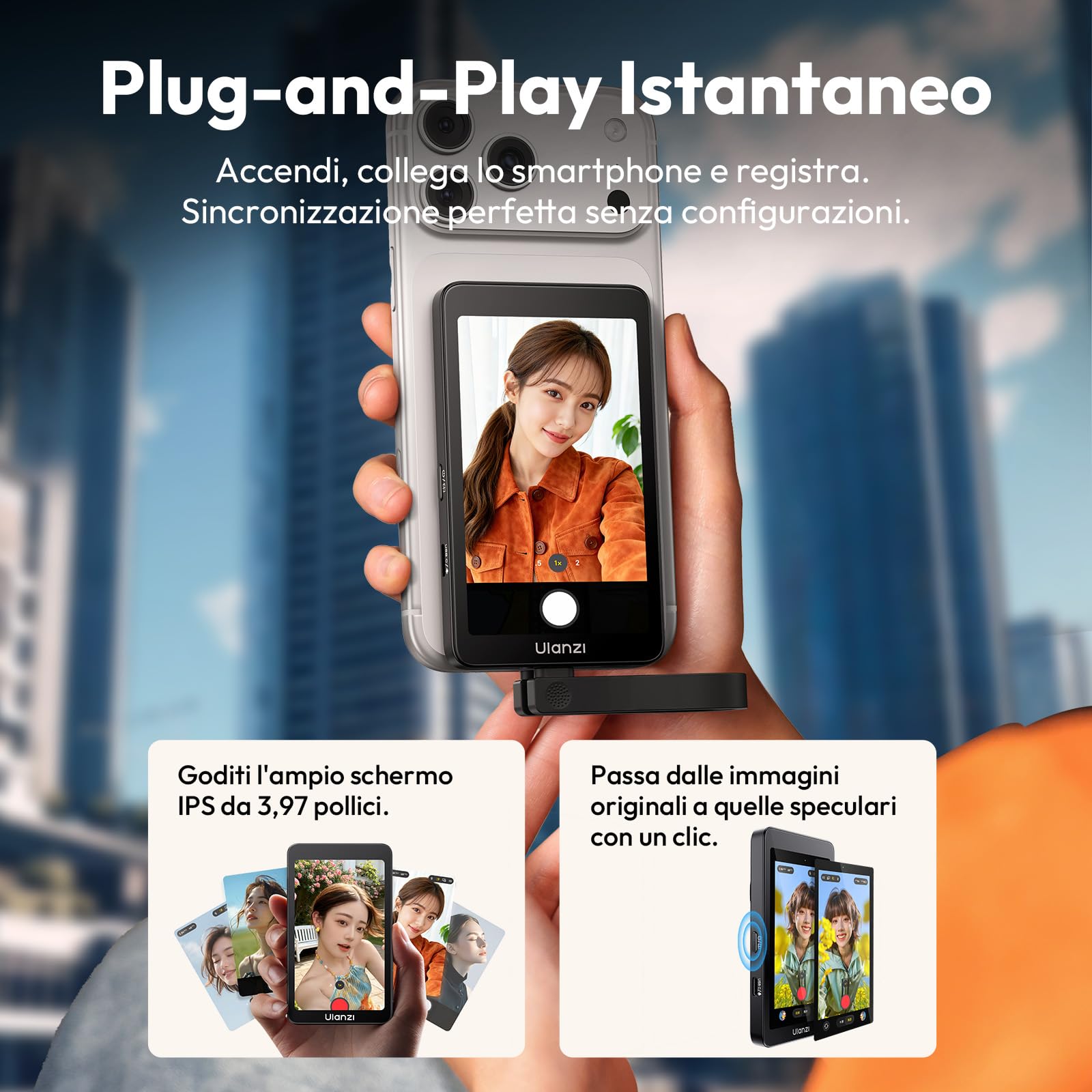 ULANZI VM1 Selfie monitor schermo magentico da 3,97” 4K@60fps per smartphone DP-Ready, 87g, Connessione cablata senza Wi-Fi, Zero Lag, 3-Livelli Luminosità, USB-C Pass-Through 60W, Vlog/Live/Shorts