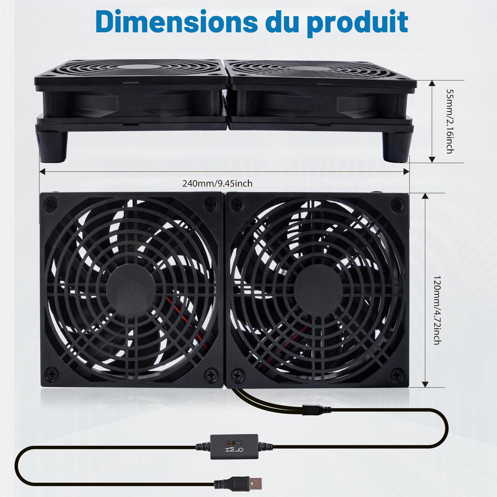 Ventilateur silencieux 2 en 1 - Double USB - 120 mm - Double roulement à billes - 5 V - 3 vitesses réglables L/M/H - Câble 190 cm