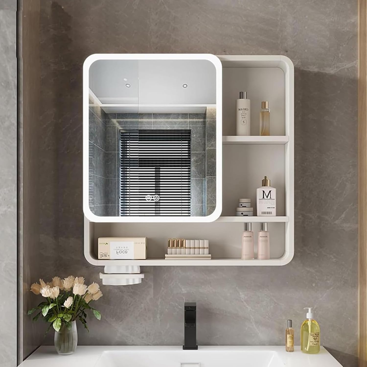 Illuminated Mirror Cabinet for Bathroom, Rectangle Bathroom Mirror Cabinet Intelligent Touch Button One Click Fog Removal Function, Aluminum Alloy Bathroom Wall Wardrobe with Storage Space Below ?
