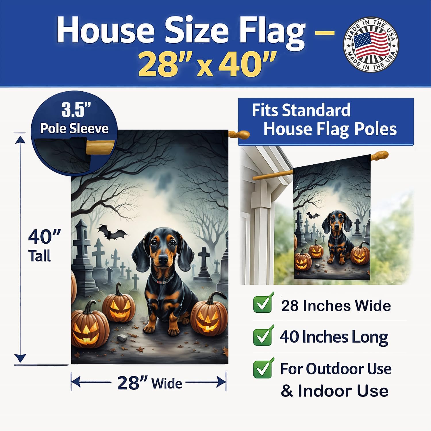 Caroline's Treasures DAC2036CHF Dachshund Spooky Halloween House Flag Large Porch Sleeve Pole Decorative Outside Yard Banner Artwork Wall Hanging, Polyester, House Size, Multicolor