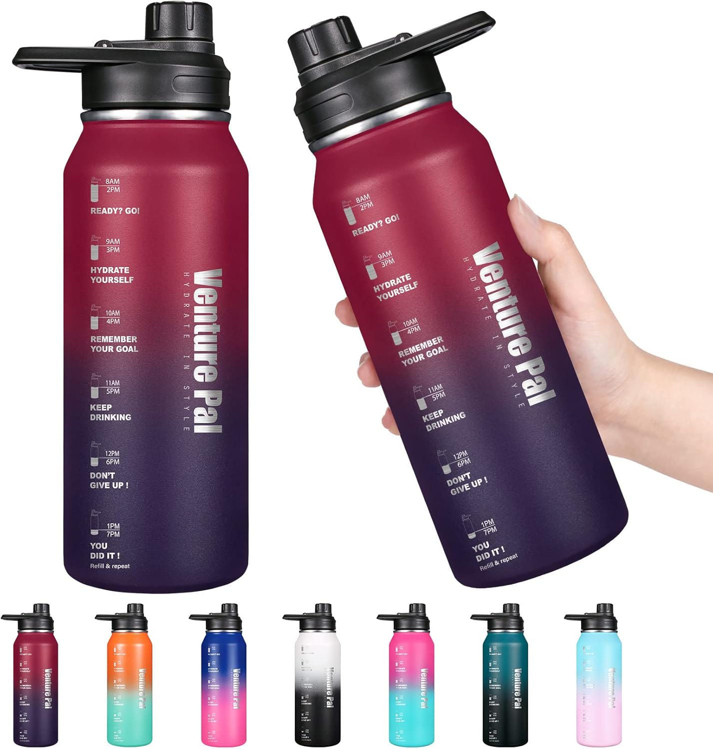 Venture Pal 32oz Motivational Stainless Steel Water Bottle with Time Marker & Spout Lids - Leak-Proof Double Wall Vacuum Insulated Water Bottle Keep Cold for 24 Hrs/Hot 12 Hrs-Wine Red/Violet : Home & Kitchen