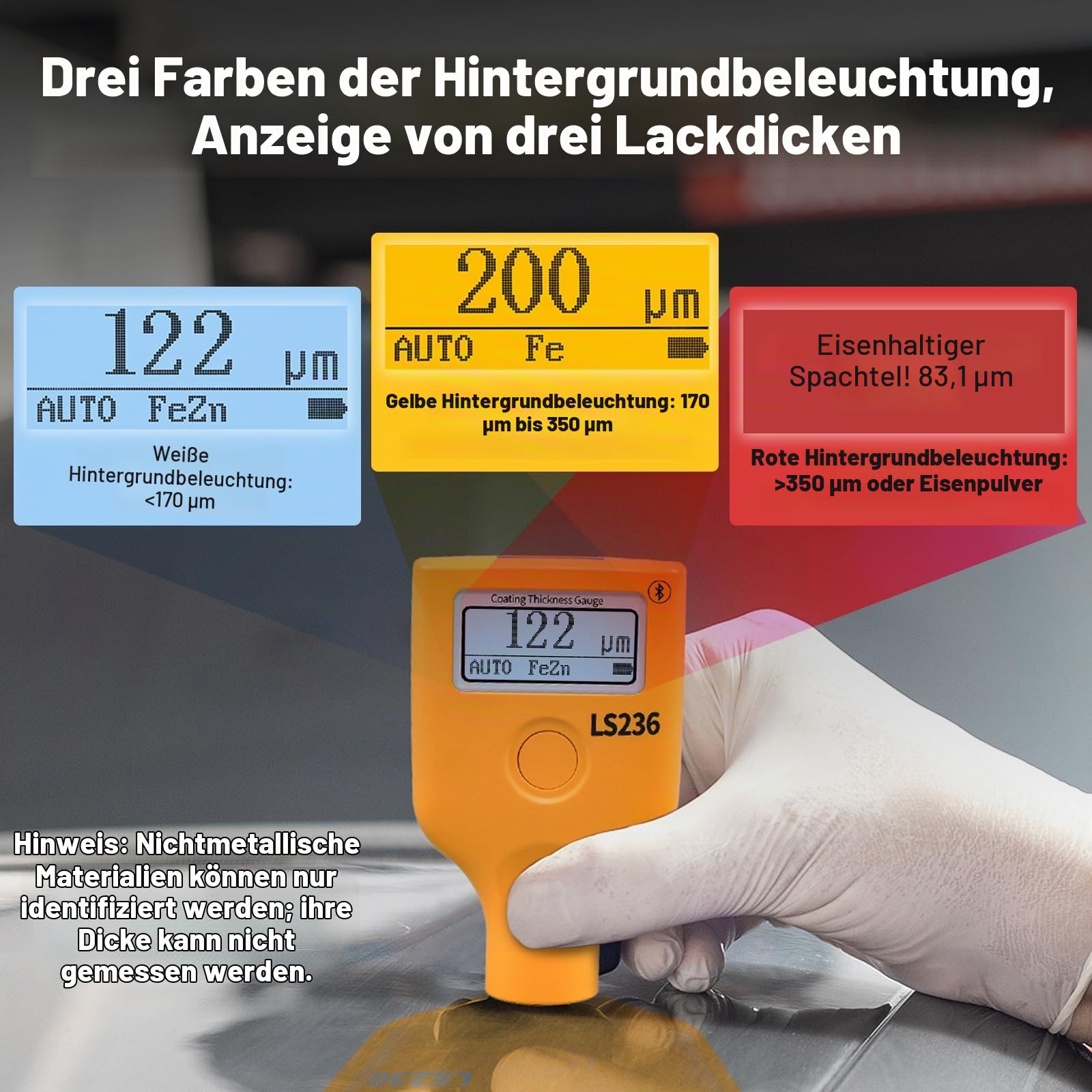 Lackmessgerät Auto, Lackschichtdickenmessgerät kfz T7-LS-236, Rubin-Sonde Dickenmessgerät mit APP, 0.0~5000μm Lackprüfer, Eisen, Aluminium, verzinktes Eisen, Nichtmetallisch